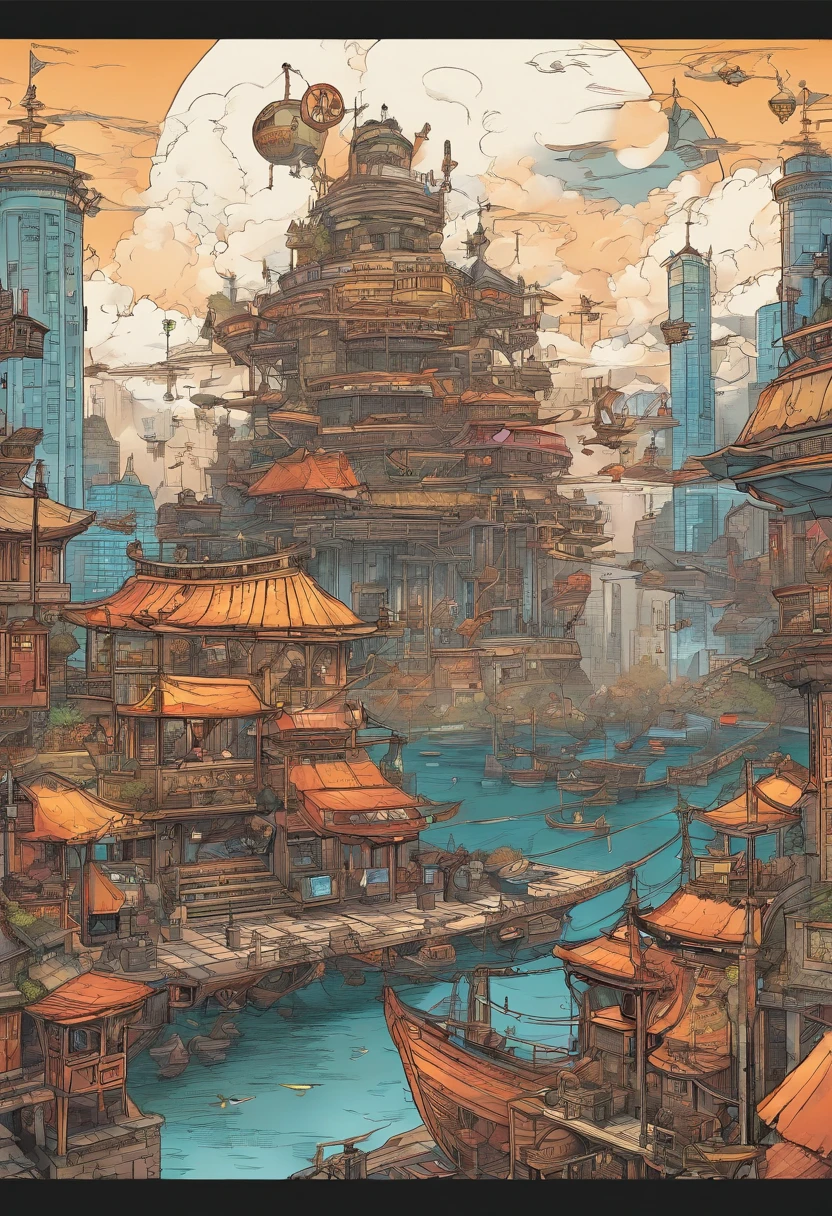 Chinese ink style, Steampunk world, musical studio in steampunk spaceship, Suspended in the air of the city, thick clouds, Animation art in ink, Comic ink art, Water ink, ink, stain, 8k, Delicately portrayed, Works by conductors,