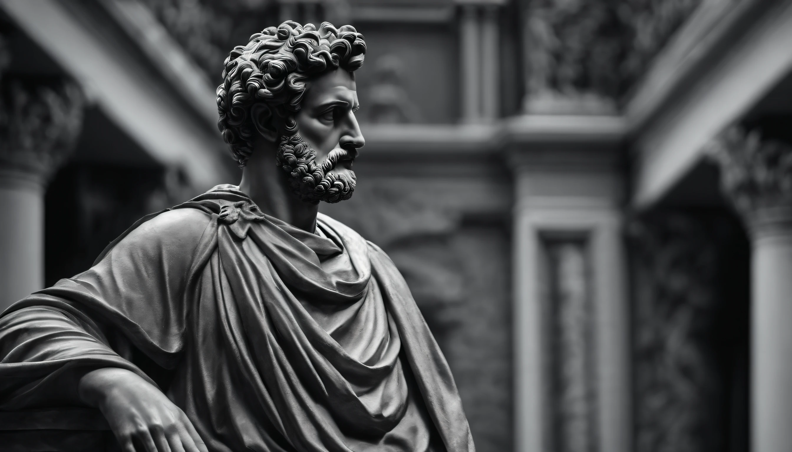 a portrait statue of the stoic Marcus Aurelius in black and white 4K,Face de lado, papel de parede super realista