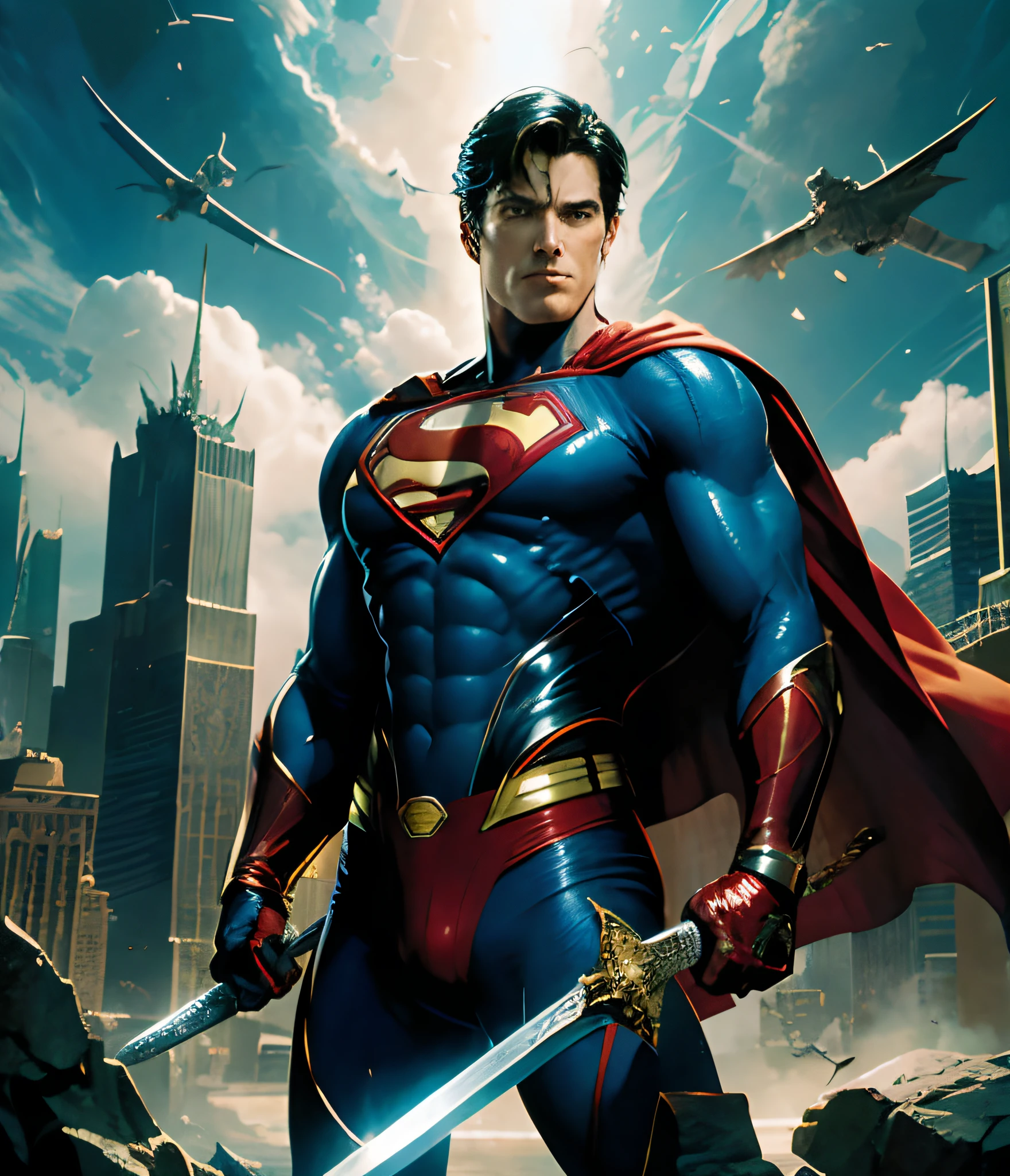 a close up of a superman holding a sword in front of a city, with star of david on his chest, epic comic book style, dc comics art style, neal adams | dark, inspired by Jim Lee, epic comic book art, neal adams | centered, dark supervillain, saving the day again, trending artgerm, super hero art, dc universe