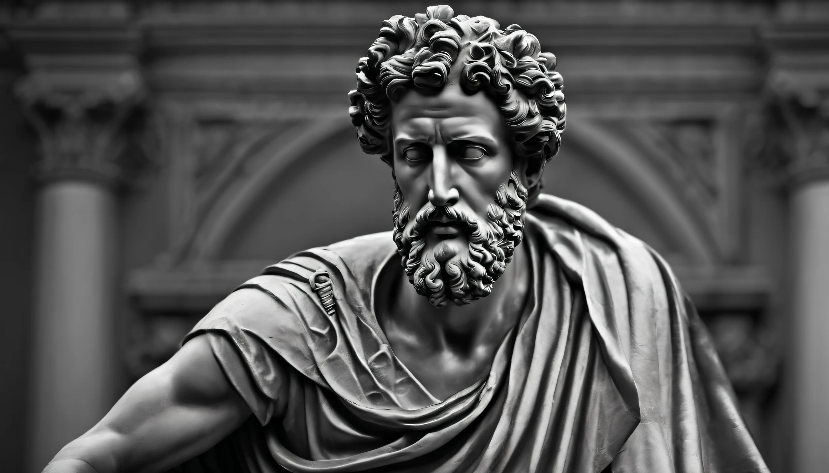 a portrait statue of the stoic Marcus Aurelius in black and white 4K,Face de lado, papel de parede super realista,homem forte,musculoso