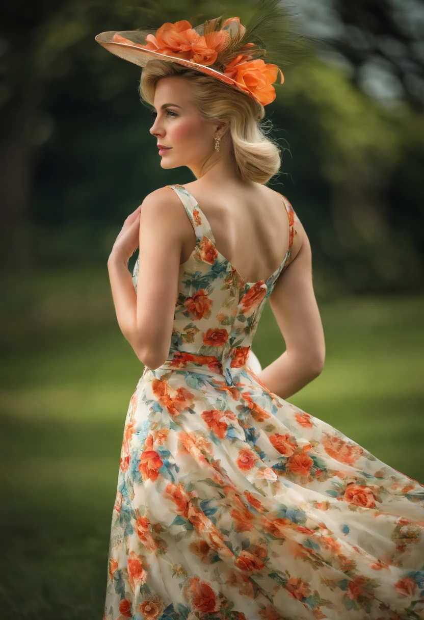 A young blonde Englishwoman dressed for Royal Ascot