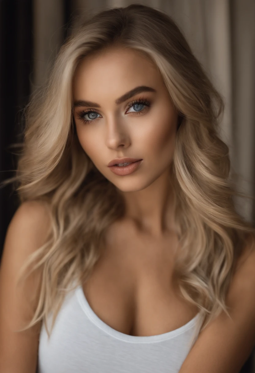 woman with matching tank top and panties, fille sexy aux yeux bleus, Portrait Sophie Mudd, Portrait de Corinna Kopf, cheveux blonds et grands yeux, selfie of a young woman, ohne Maquillage, maquillage naturel, Look directly into the camera, Visage avec Artgram, dezentes Maquillage, Superbe photo du corps entier, dans la chambre, gros seins, Blonde, Latin