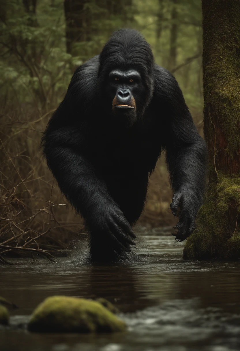 Create an image of a hunter fleeing Bigfoot who has only one eye on his forehead and his mouth on his belly through a swamp. In the background, depict Bigfoot with one eye in the center of his forehead and his mouth on his belly and a scary, floresta escura --auto --s2