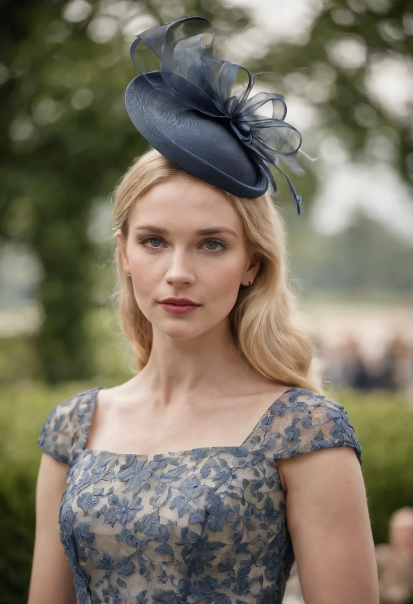 A young blonde Englishwoman dressed for Royal Ascot
