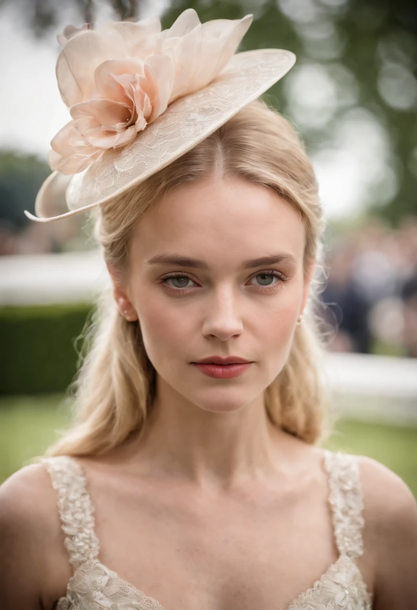A young blonde Englishwoman dressed for Royal Ascot