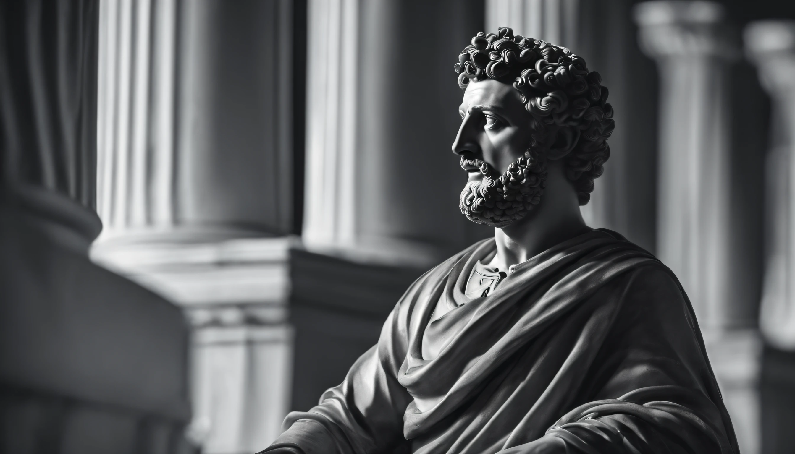 a portrait statue of the stoic Marcus Aurelius in black and white 4K,Face de lado, papel de parede super realista