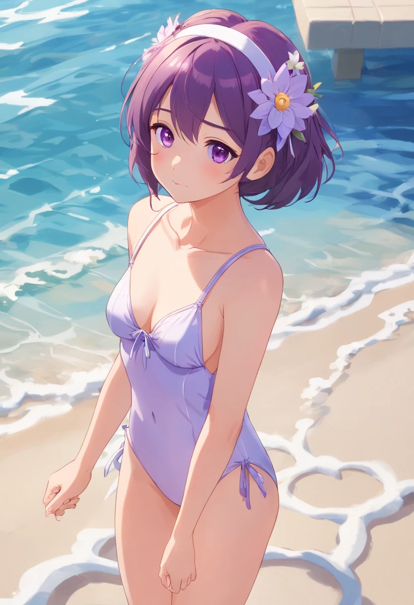 Cute loli,Barefoot,Tummy down,head looking up,(Solo) (Korean girl). (high quality). (best quality). (long flowing rum hair). (purple eyes). (white and purple flower circle headband hair accessory). (purple and white swimsuit).(face detail). (Beautiful face) (18 years) (beauty) (fair skin )
(Swimming pool background)
(full body(Standing pose on the beach )
