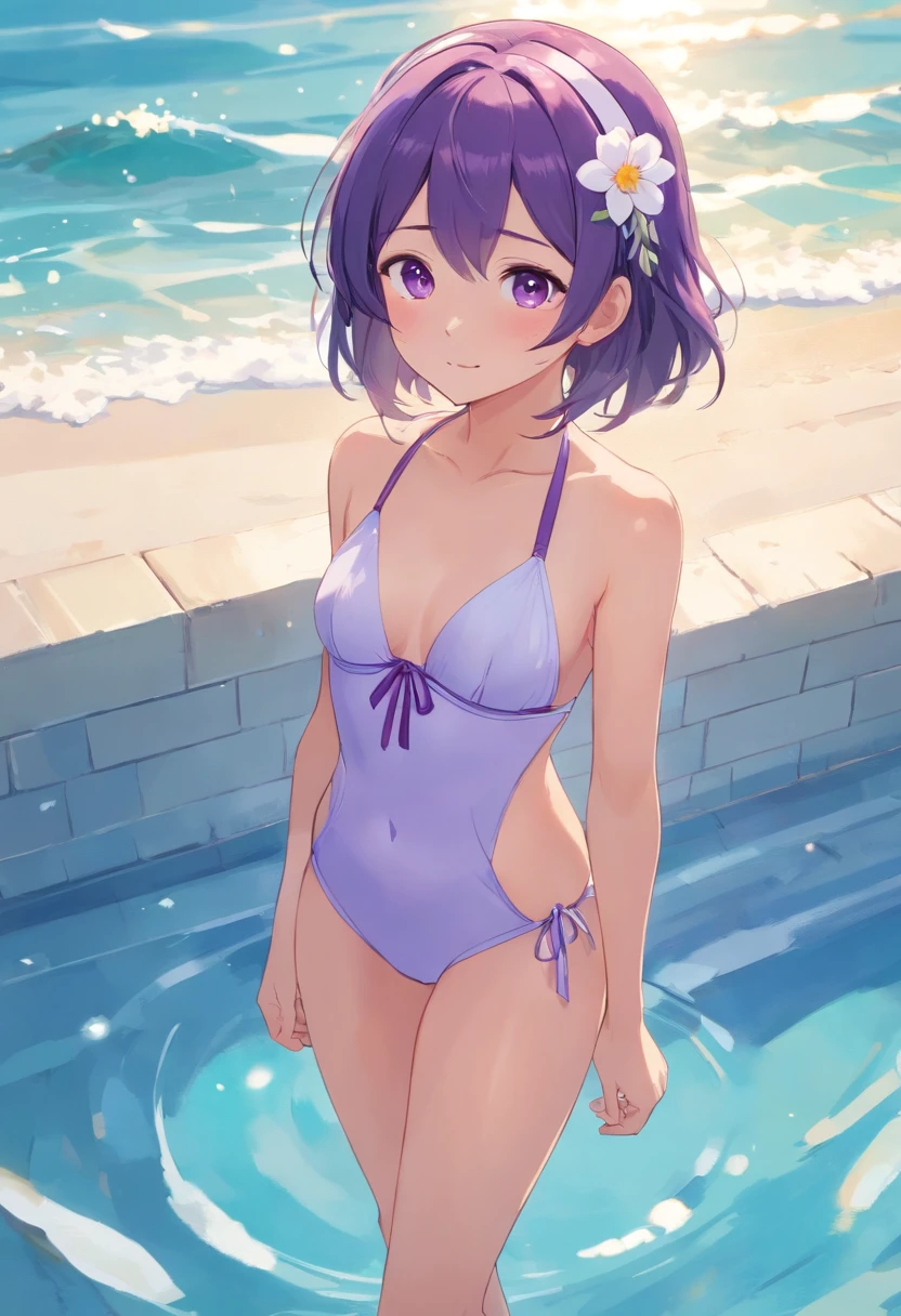 Cute ，Barefoot，Tummy down，head looking up，(Solo) (Korean girl). (high quality). (best quality). (long flowing rum hair). (purple eyes). (white and purple flower circle headband hair accessory). (purple and white swimsuit).(face detail). (Beautiful face)  (18 years) (beauty) (fair skin )
(Swimming pool background) 
​(full body(Standing pose on the beach )