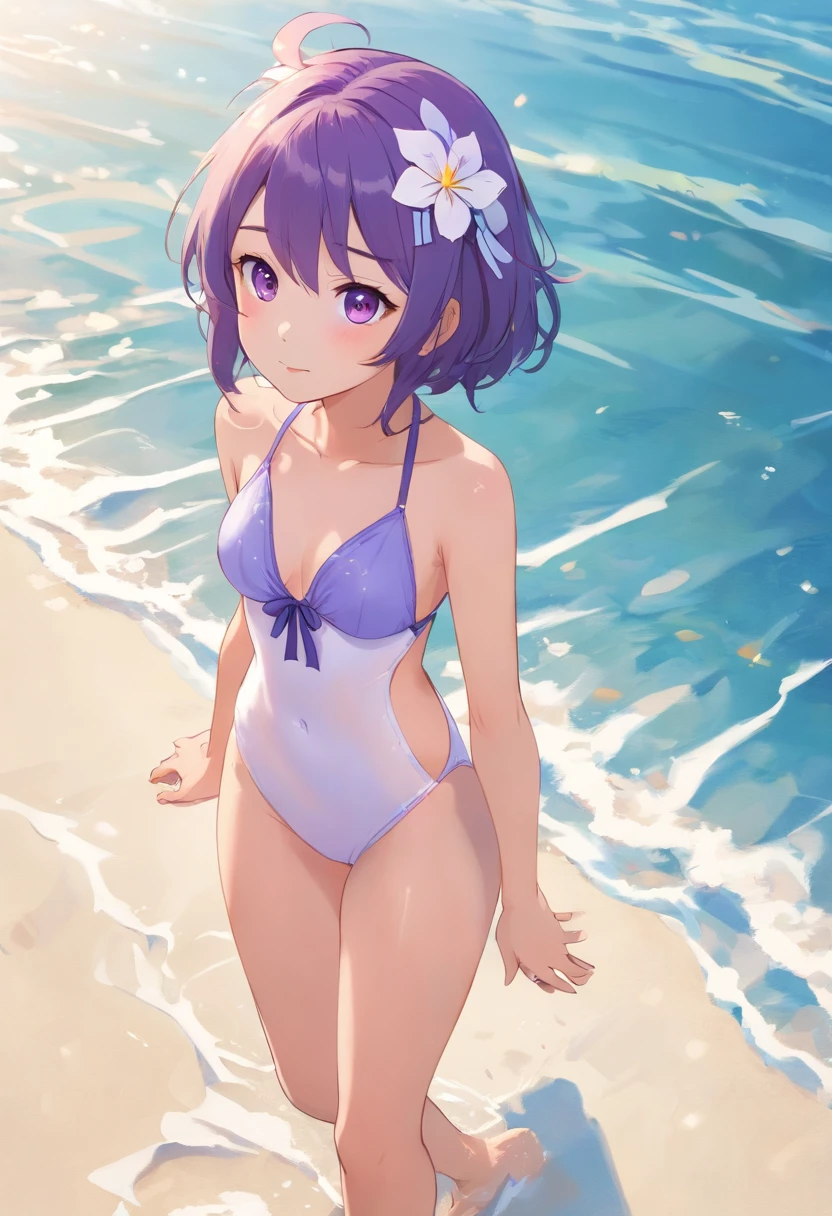 Cute loli，Barefoot，Tummy down，head looking up，(Solo) (Korean girl). (high quality). (best quality). (long flowing rum hair). (purple eyes). (white and purple flower circle headband hair accessory). (purple and white swimsuit).(face detail). (Beautiful face)  (18 years) (beauty) (fair skin )
(Swimming pool background) 
​(full body(Standing pose on the beach )