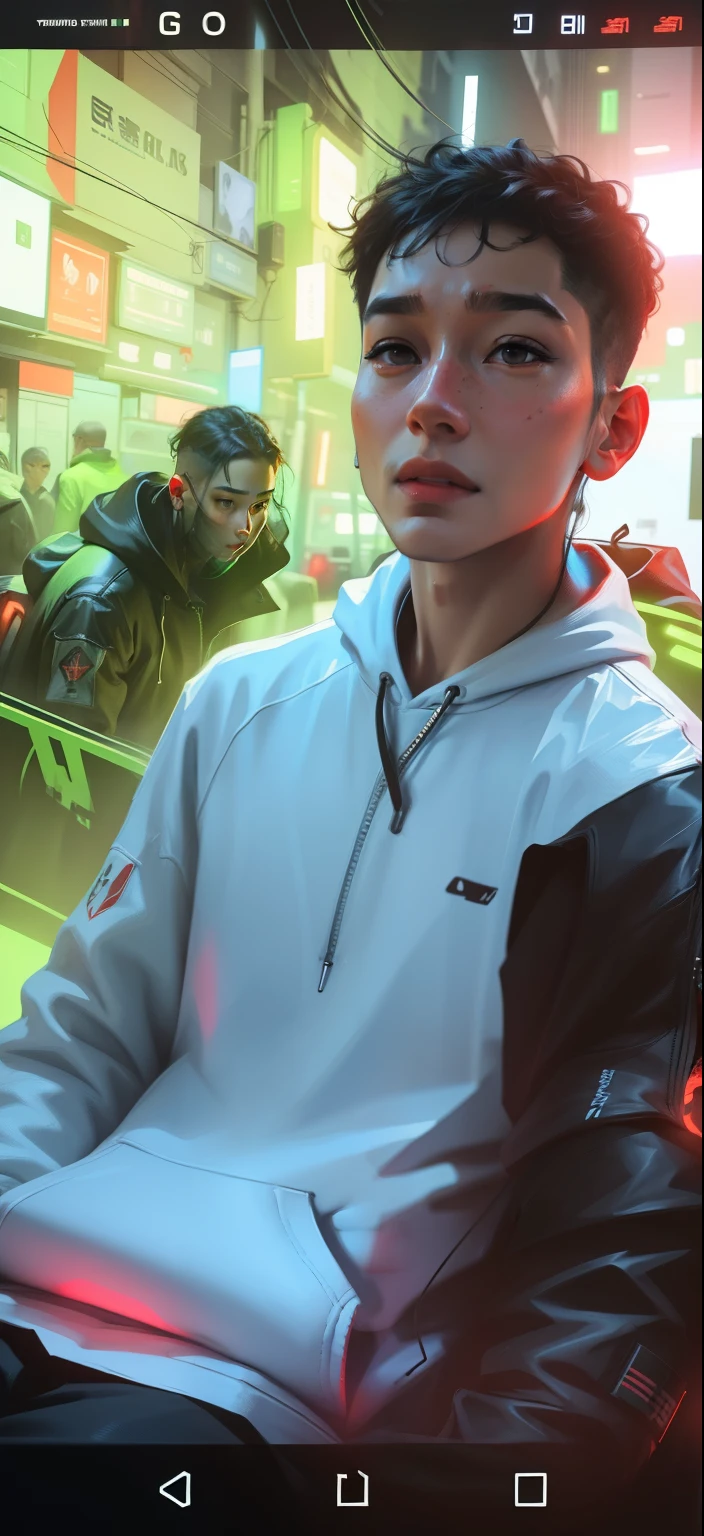 Realistic face, realistic skin, realistic pitch black hoodie with neon red line, cyberpunk background