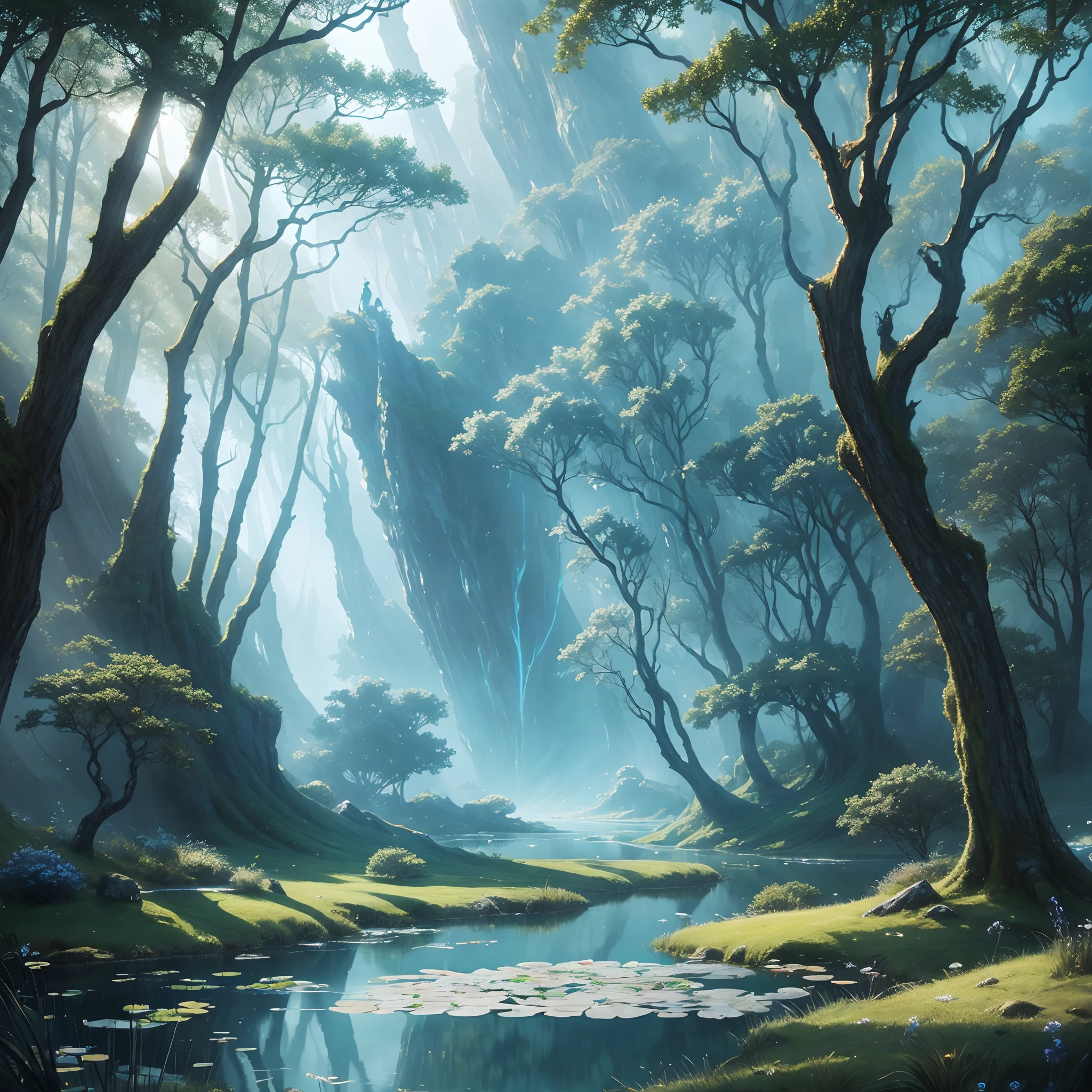 masterpiece, award winning, super detail, high quality, (fantasy art:1.4), spirit of the wind, in nature, theme color is very pale blue, trees, pond, embodiment, breeze, air, Delicate, evangelist