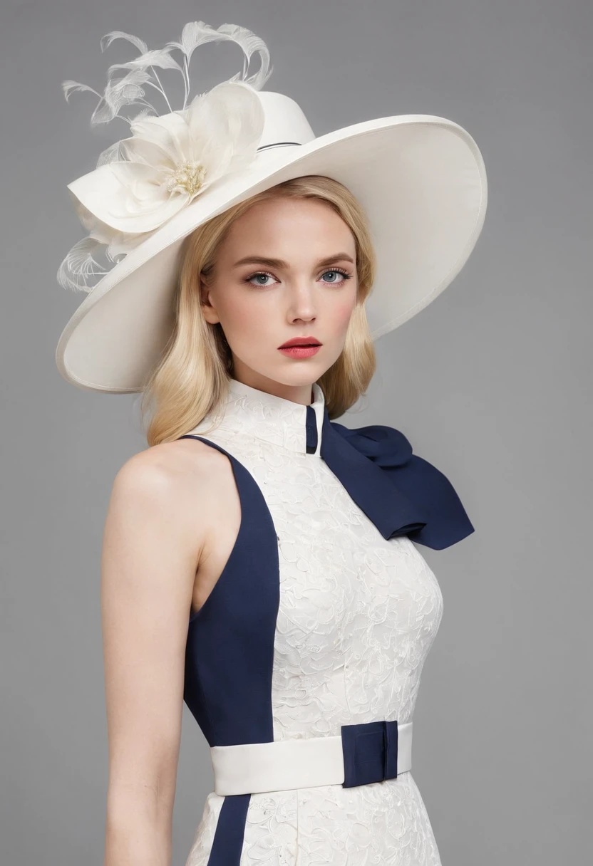 A young blonde Englishwoman dressed for Royal Ascot in a conservative navy and white dress