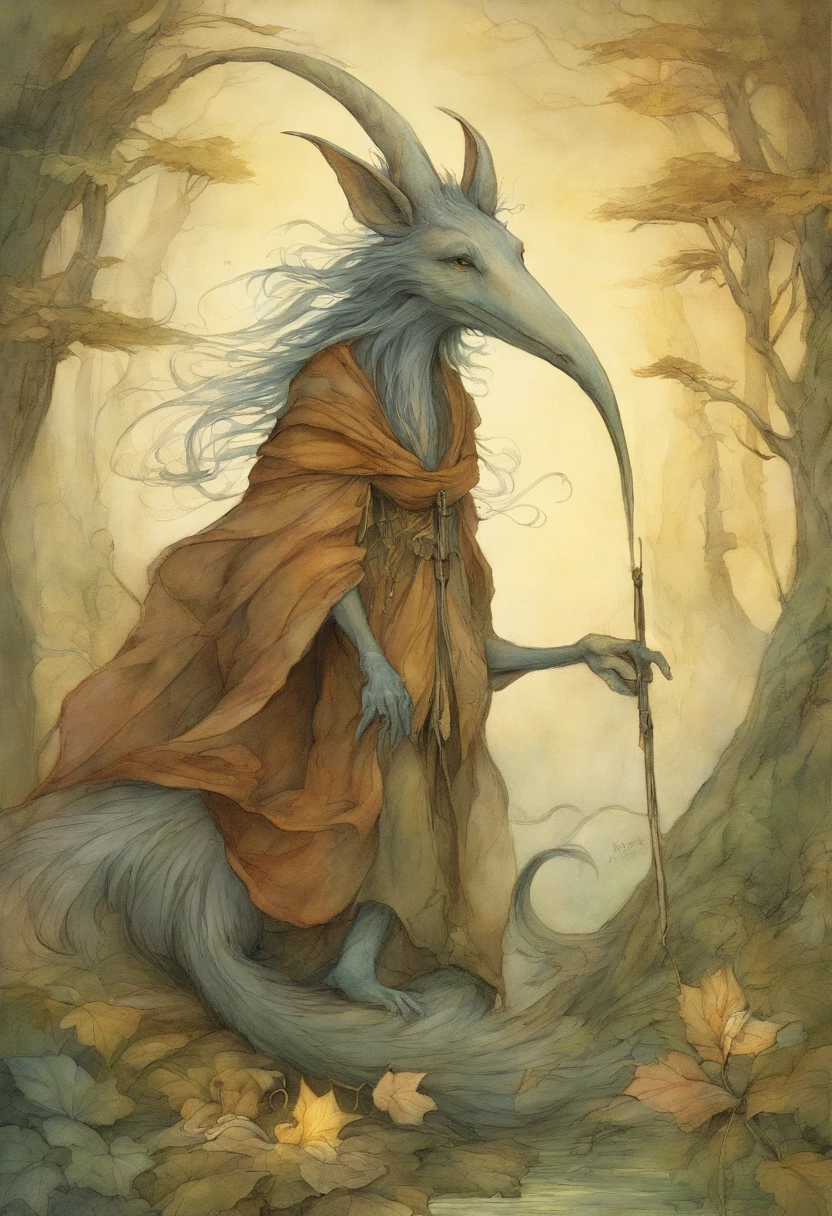 a drawing of a creature with a long nose and tail, Style Brian Froud, Brian Froud Juan Gimenez, inspired by Brian Froud, Style de Jean Baptiste Monge, monge jean-baptiste monge, jean - baptiste monge, jean baptiste monge, inspired by Brian and Wendy Froud, par Brian et Wendy Froud