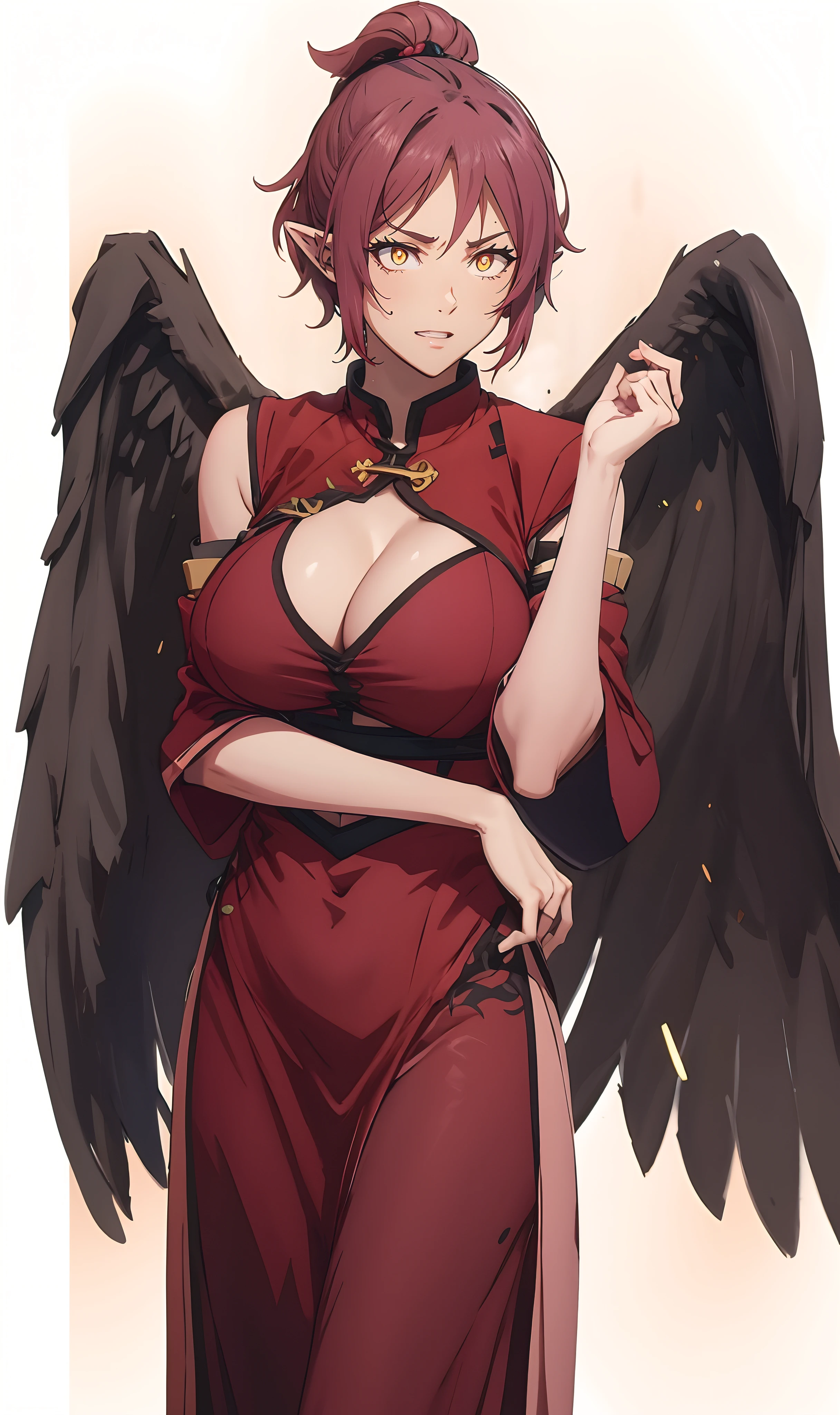 Wolbach from Konosuba, bindi dot, elf ears, (short hair, pink hair:1.6), middle part hair, 1girl, breasts, dress, chinese_clothes, cleavage_cutout, china_dress, wings, large_breasts, covered_navel, cleavage, red_dress, solo, feathered_wings, looking_at_viewer, bare_shoulders, black_wings, pelvic_curtain, glow effects, godrays, Hand drawn, render, 8k, octane render, cinema 4d, blender, dark, atmospheric 4k ultra detailed, cinematic, Sharp focus, big depth of field, Masterpiece, colors, 3d octane render, 4k, concept art, trending on artstation, hyperrealistic, Vivid colors, extremely detailed CG unity 8k wallpaper, trending on CGSociety, Intricate, High Detail, dramatic,