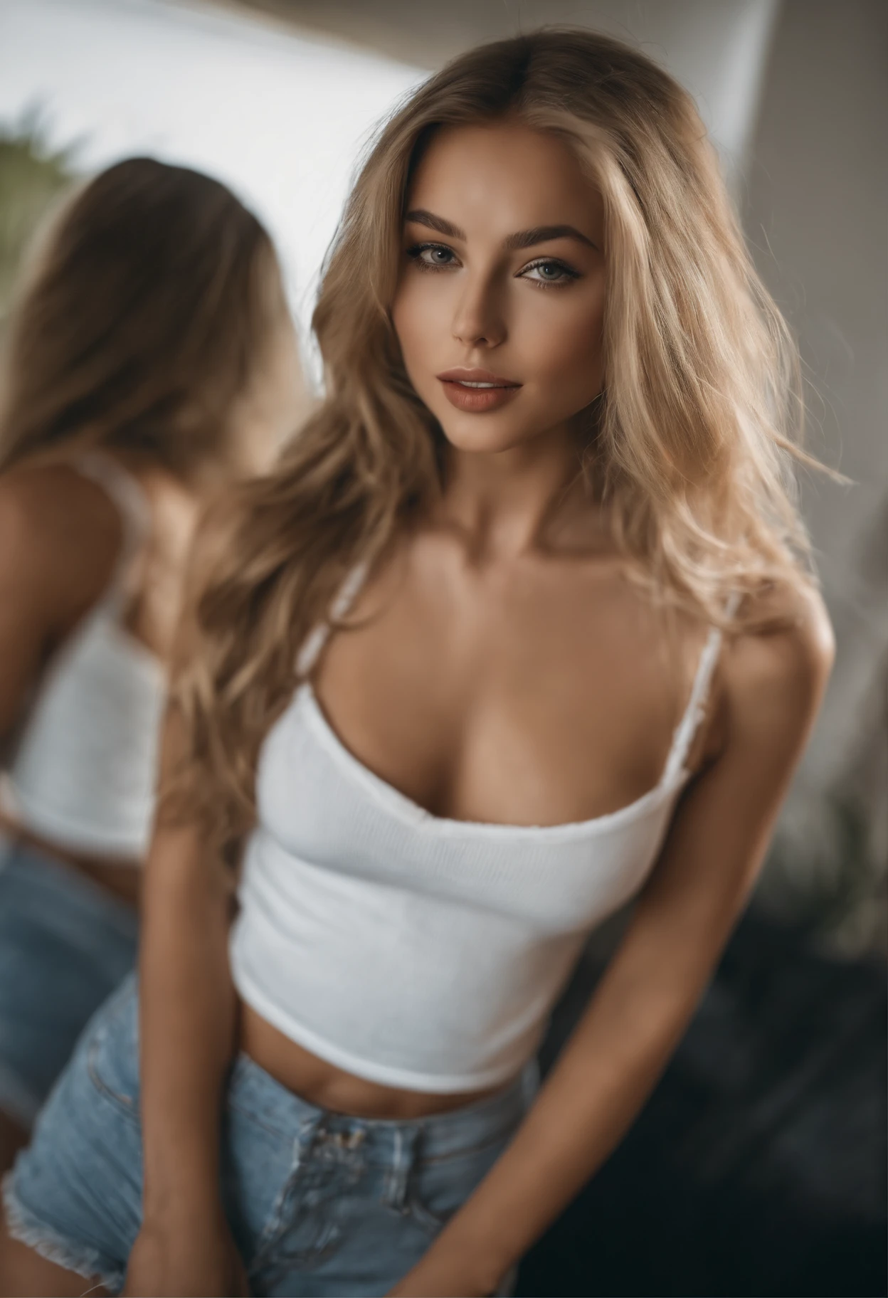 woman with matching tank top and panties, fille sexy aux yeux bleus, Portrait Sophie Mudd, Portrait de Corinna Kopf, cheveux blonds et grands yeux, selfie of a young woman, ohne Maquillage, maquillage naturel, Look directly into the camera, Visage avec Artgram, dezentes Maquillage, Superbe photo du corps entier, dans la chambre, gros seins, Blonde, Latin