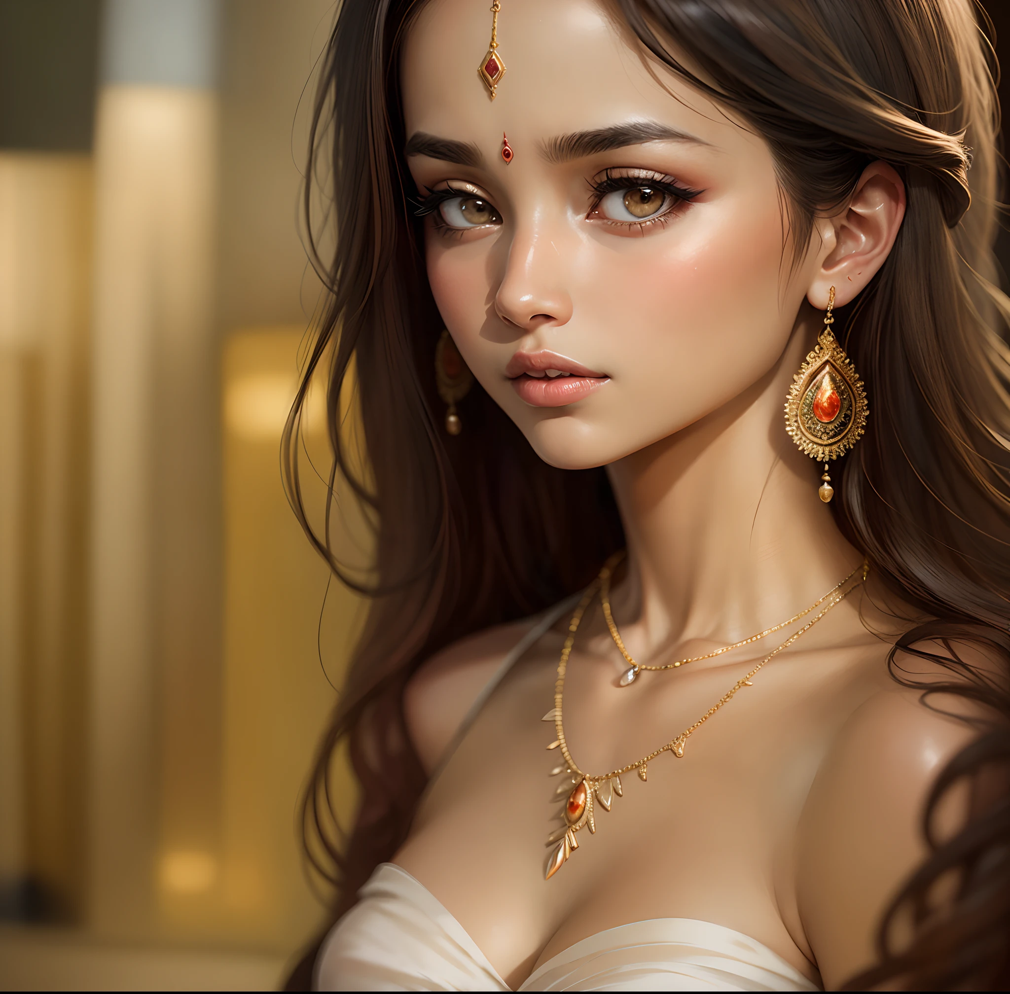 a close up of a woman wearing a dress and a necklace, actress, stunning portrait, stunning elegant pose, by Natasha Tan, portrait, of indian princess, indian super model, stunning woman, maya ali, indian, ethereal beauty, indian girl with brown skin, charming, traditional beauty, gorgeous woman, breathtaking look