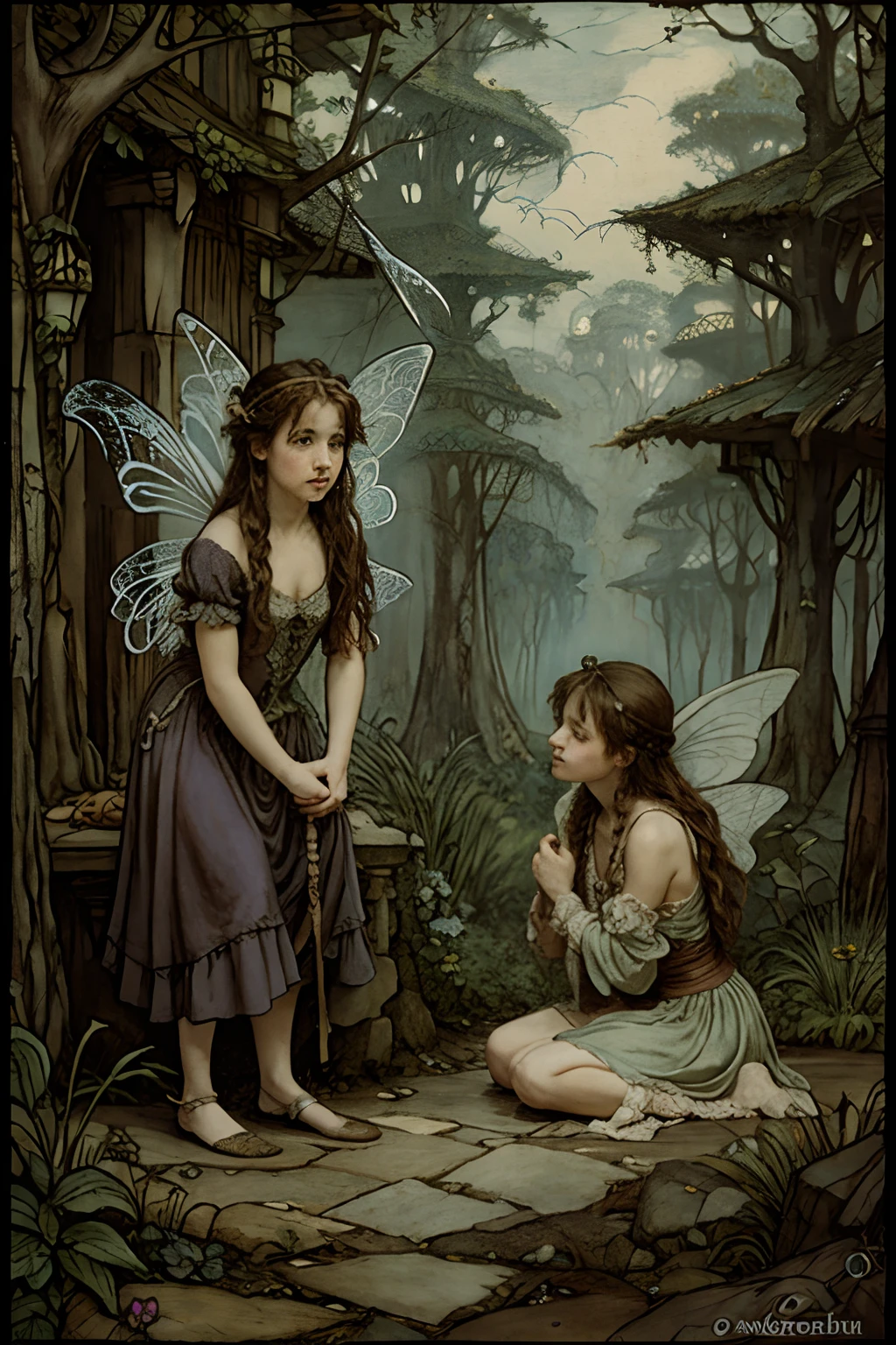 fairies, in the style of Arthur Rackham
