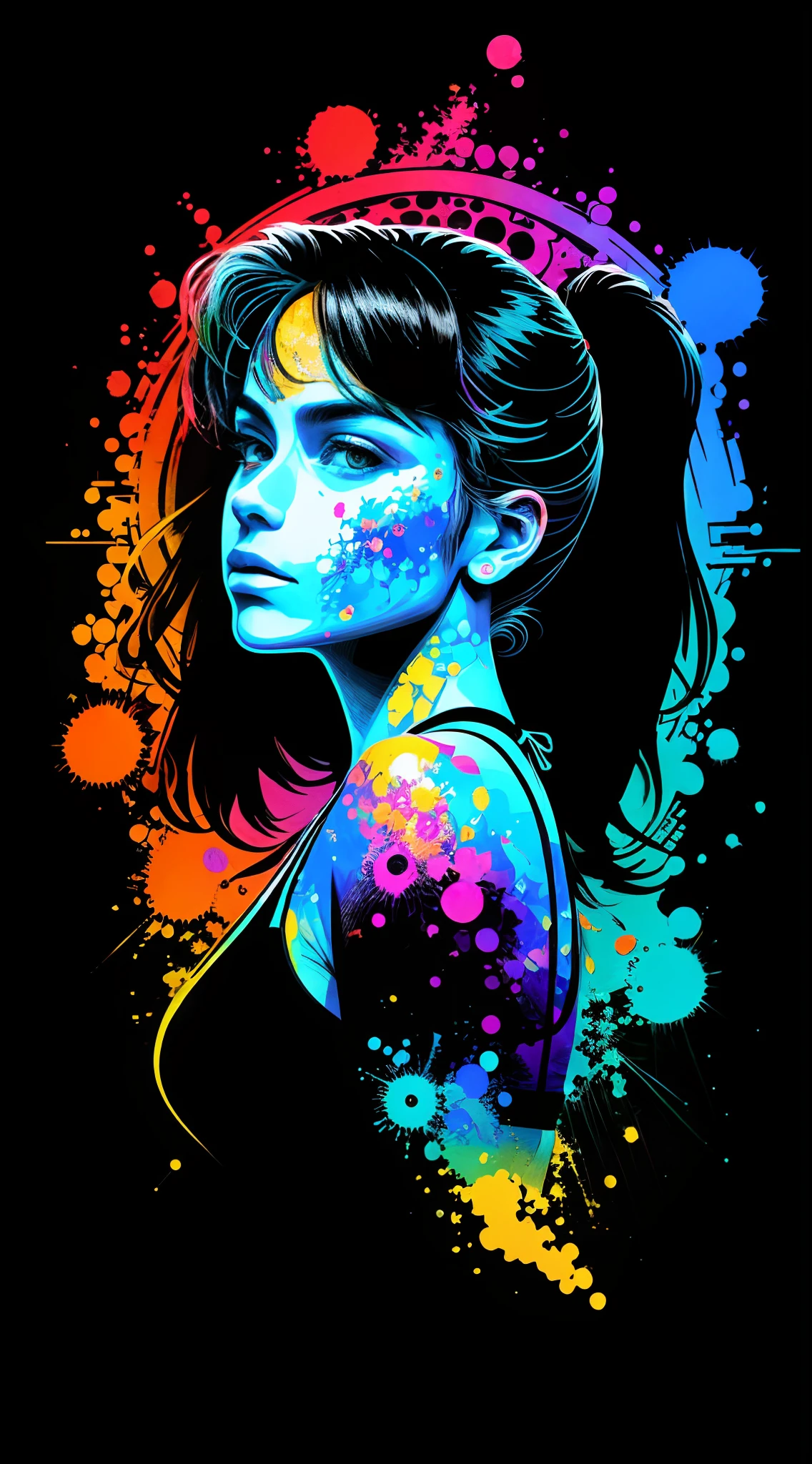 in the style of 0mib，T-shirt design,Side portrait of a bikini girl，Colorful，Prismatic fragments，Doodle lines，Reflect fractal circles，ink spatter，Melted brushstrokes，particles vortex，dramatic  lighting，high high quality， Beautiful，tmasterpiece