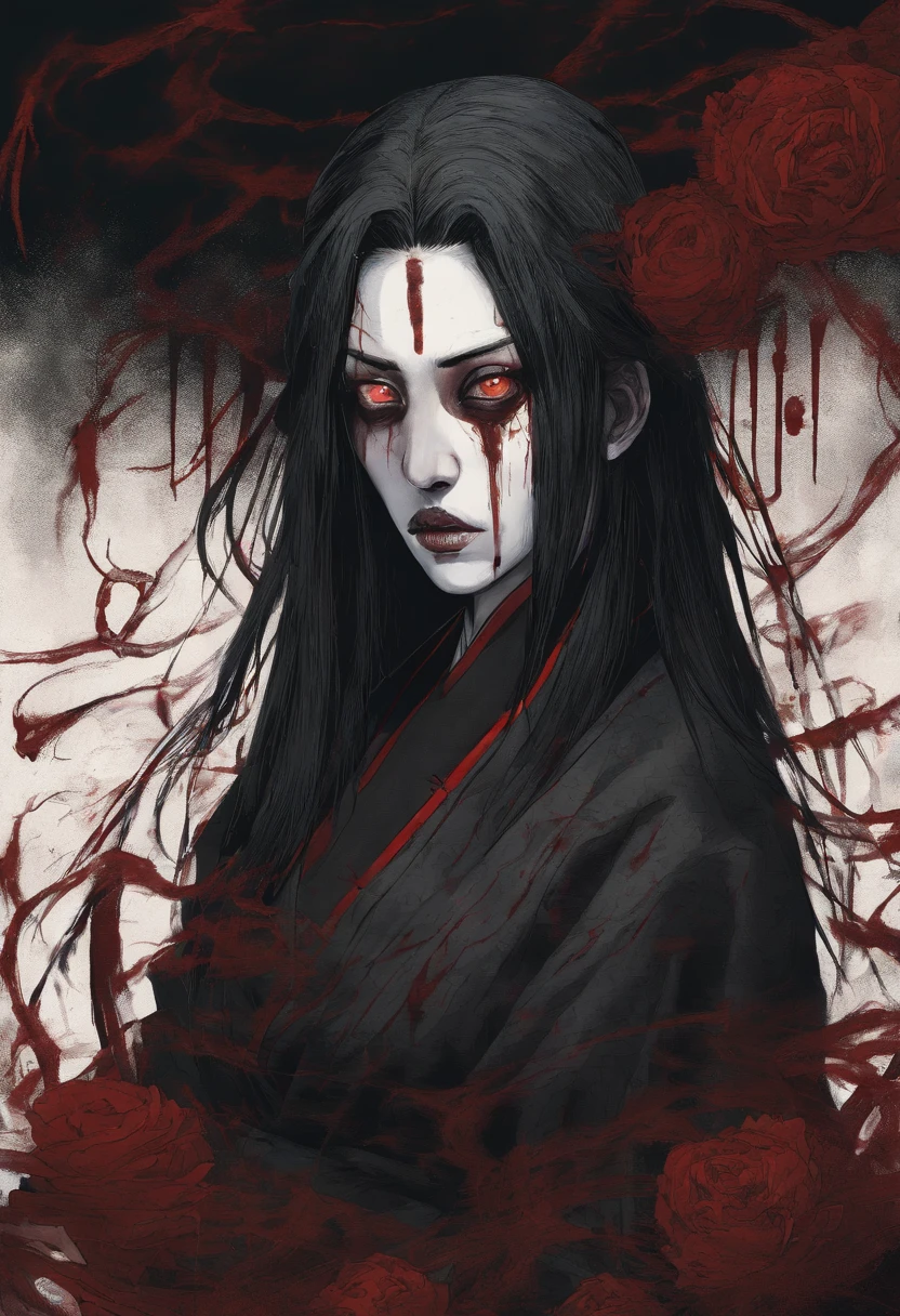 Demon Slayer Art Style, elongated pupils:1.8、Tall lady, Black Long Hair, Black yukata with red flowers, Vampire, long sharp teeth of vampires, Strigoi women, horror art, scarred face