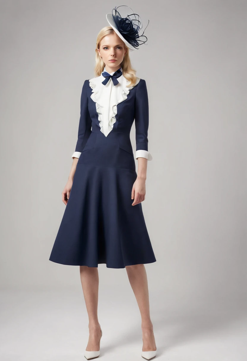A young blonde Englishwoman dressed for Royal Ascot in an ultraconservative navy and white dress