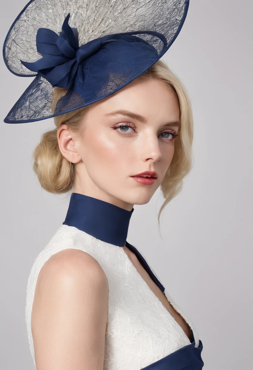 A young blonde Englishwoman dressed for Royal Ascot in an ultraconservative navy and white dress