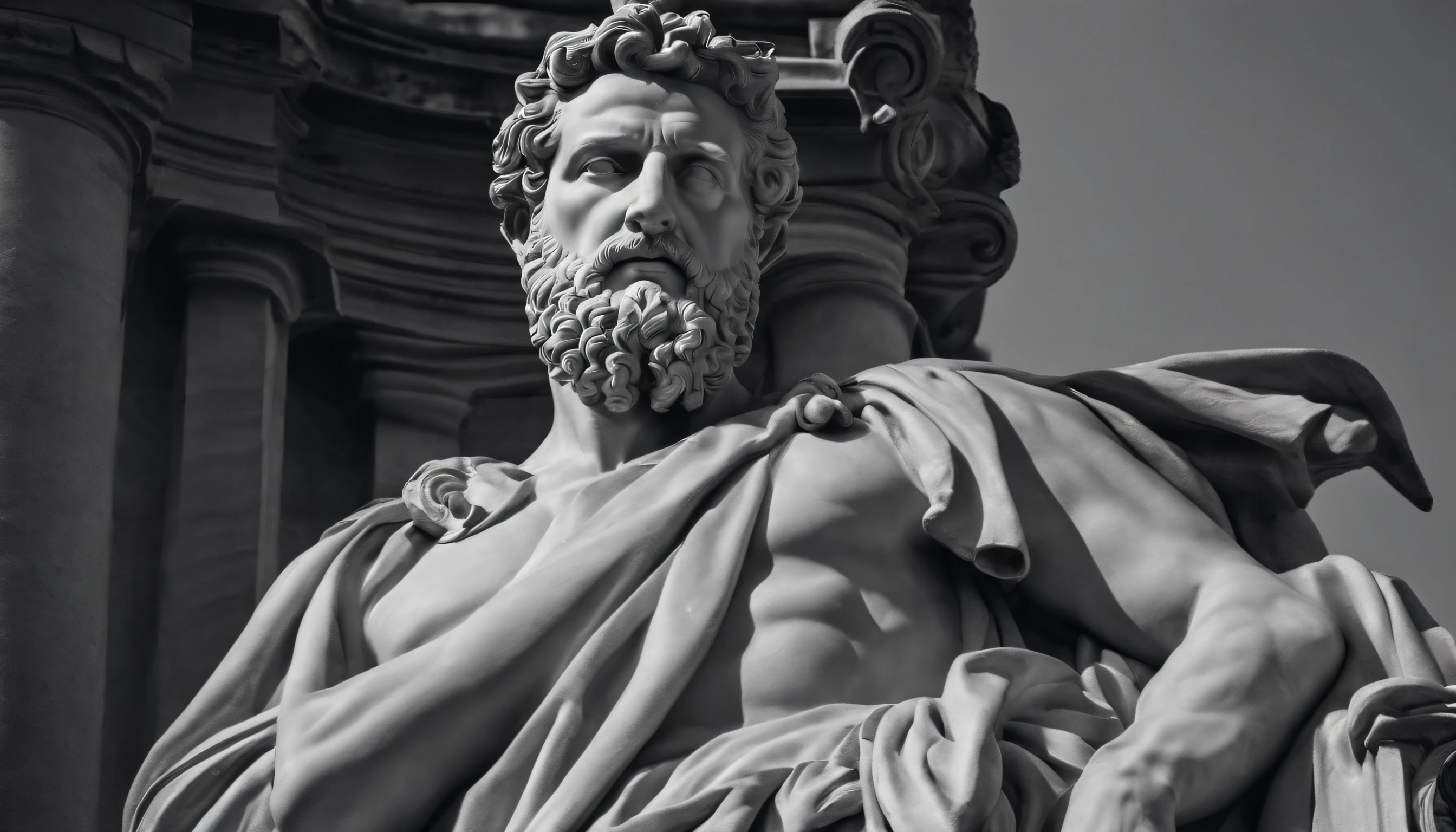 a statue of the stoic Marcus Aurelius in black and white 4K,Face de lado, papel de parede super realista, corpo forte, sem camisa, tronco forte