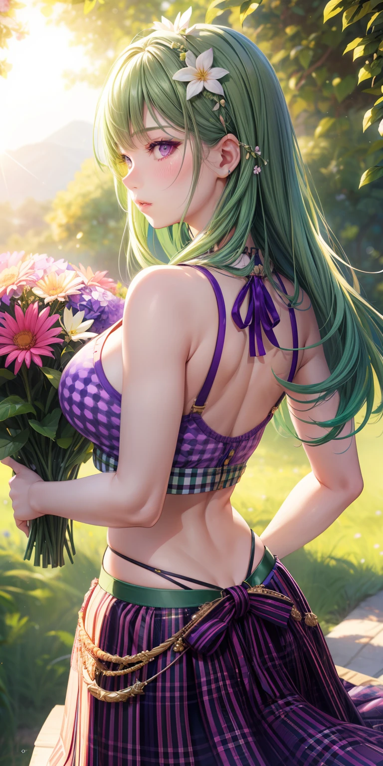 realistic,1girl,green hair,purple eyes,glowing eyes,checkered pattern crop top,skirt,parted lips,blush,night,flowers,sun,sunlight,sexy pose, close up, back view