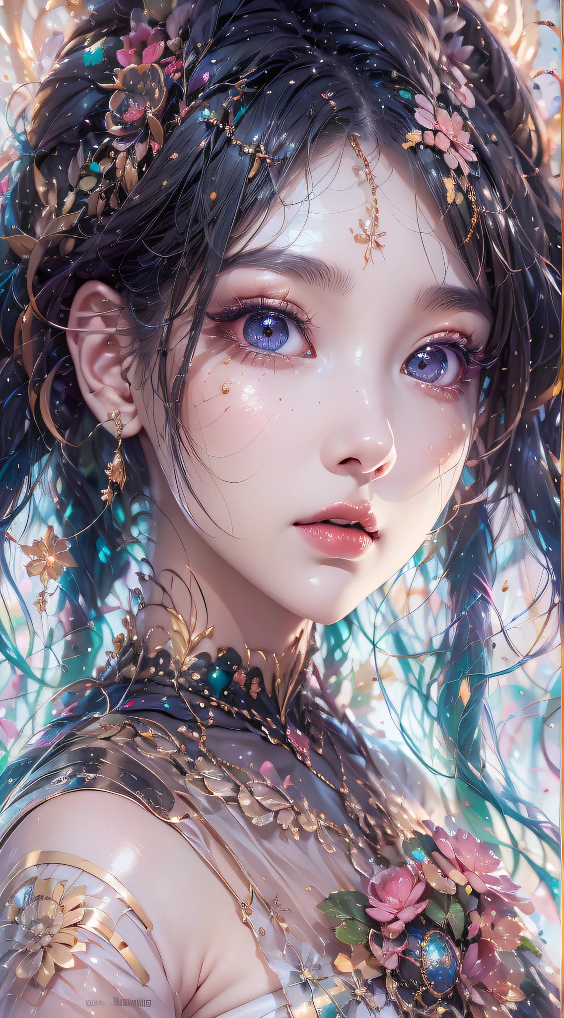 1girll,（enchanced quality：1.4），（Top quality true texture skin), Delicate face,Black hair, Gradient hair,（perfect bodies：1.1）, There are precious stones on the forehead, largeeyes，Wide eyes，（Eye focus），sface focus，Cosmic eyes，Space eyes，Sparkling pupils，long eyelasher,grin, hyper photorealism, Cinematic lighting, projected inset, surrealism, hyper HD, Masterpiece, 16k，Lie down，dream on，Wear transparent silk pajamas,Carmelto,Legs slightly open，Tattooed with，Fantasy space，Luxurious space，