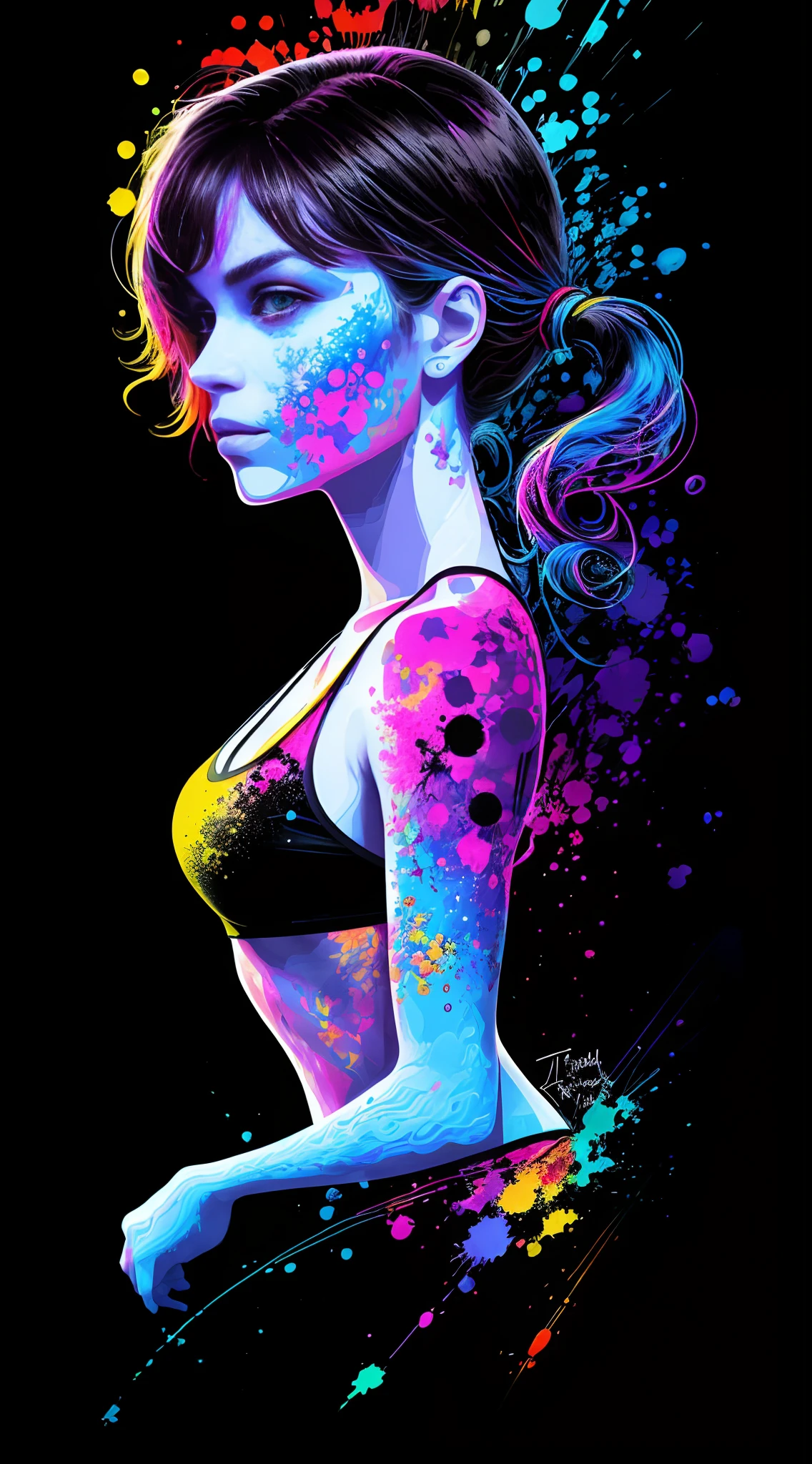 in the style of 0mib,T-shirt design,Side portrait of a bikini girl,Colorful,Prismatic fragments,Doodle lines,Reflect fractal circles,ink spatter,Melted brushstrokes,particles vortex,dramatic lighting,high high quality, Beautiful,tmasterpiece