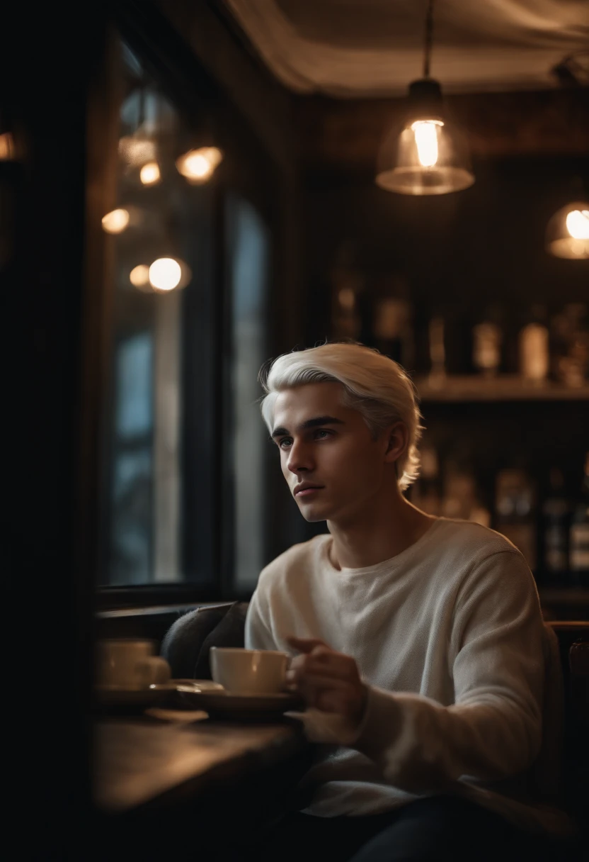 young man, 20 years old, white hair, portrait photo, sitting looking out the window, sad, night light, tea shop background, reality photo, reality skin