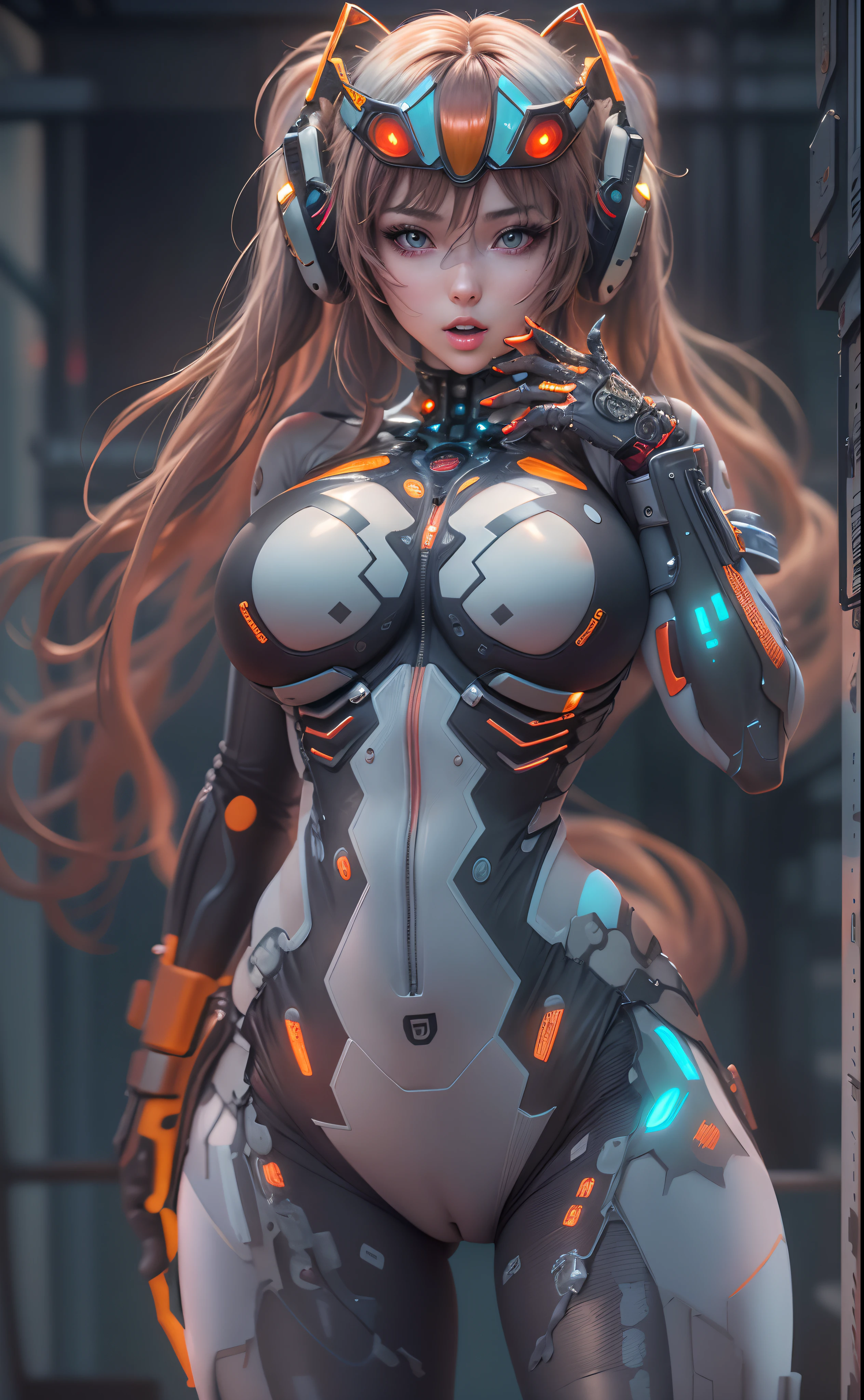 (masterpiece, best quality), 1girl, beautiful face, asuka cosplay costume, cosplay, plugsuit, bodysuit, hair ornament, full body portrait, 4K, cinematic lighting, intricate details, highest quality, luminous background is a highly detailed cyberpunk rooftop. ((She's grasping her huge breasts that are bursting out of her outfit))