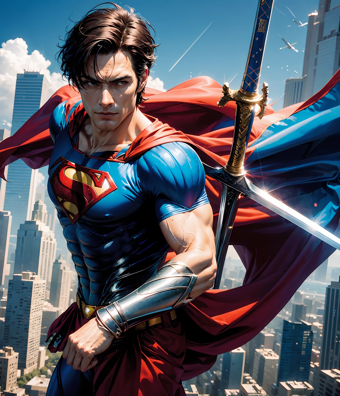 a close up of a superman holding a sword in front of a city, with symbol of star of david on his chest