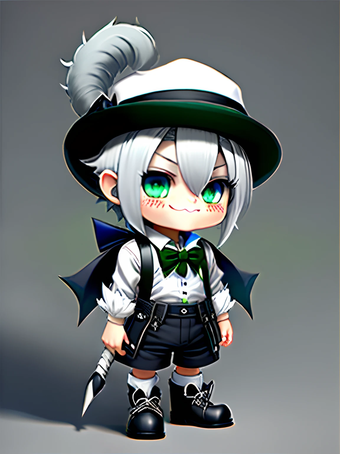 Short demon, grey hair, dark horns, cute, black and white stripped shirt, grey sleeves, grey bowtie, black and white hat, blue shorts, grey boots, green and grey fur, smiling, blue eyes, dark spaded tail, white skin, green blush with spades on cheeks, goat like legs