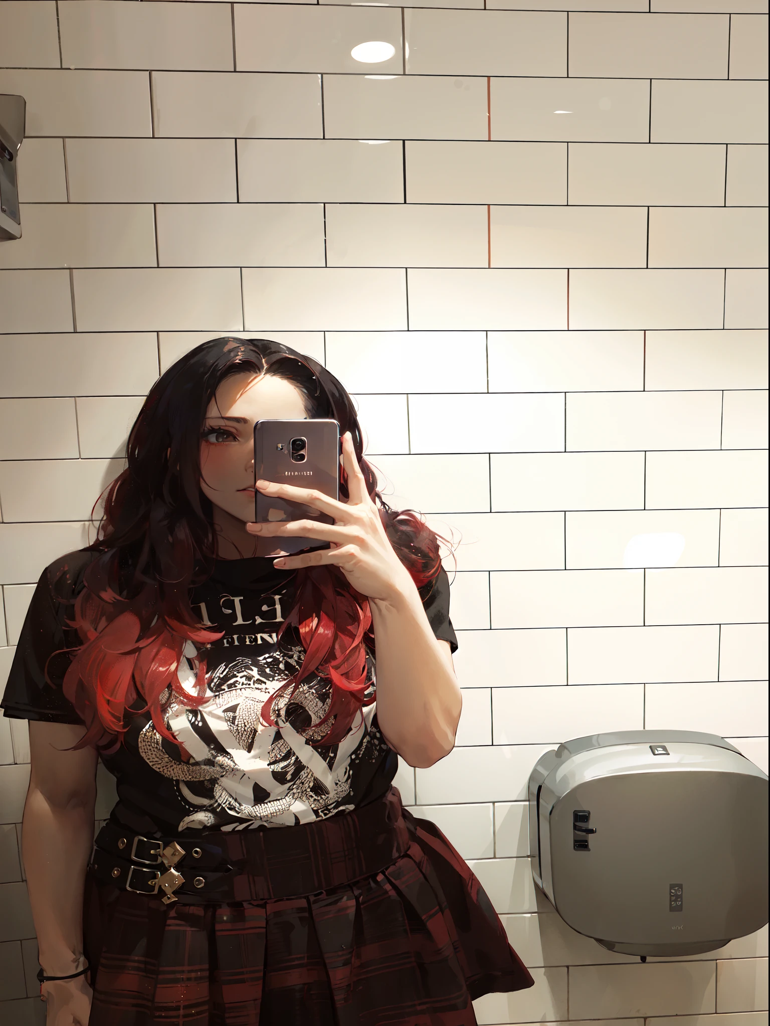 there is a woman taking a picture of herself in a bathroom, black and red hair, in bathroom, red dyed hair, in a bathroom, black and red hair hair, very long black/red hair, with red hair, with long red hair, very very low quality picture, selfie of a young woman