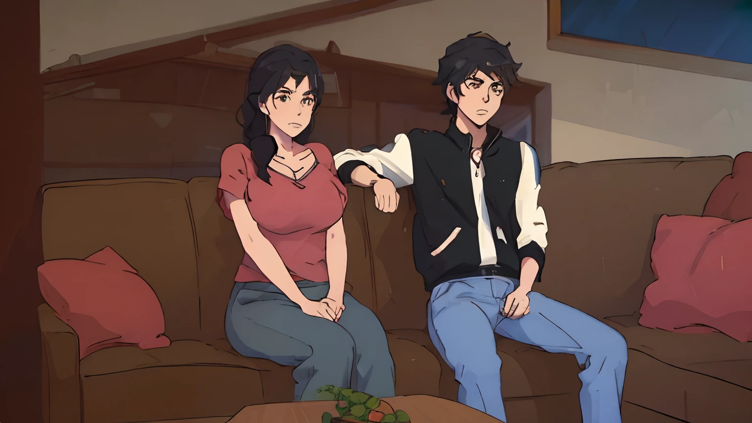 A man and woman sitting on a couch in a living room, cel-shaded art style, iwatani naofumi, Carla Yeager, (masterpiece:1.2), (anatomically correct:1.1), (high quality:1.1), detailed facial expressions, cozy atmosphere, warm lighting, vibrant colors, stylized furniture, hand-painted textures, realistic proportions, sleek hairstyles, relaxed postures, visible emotions, intricate background, photorealistic details, attention to detail, professional-grade aesthetics, professional-level artistry, sharp focus, vivid hues, balanced composition