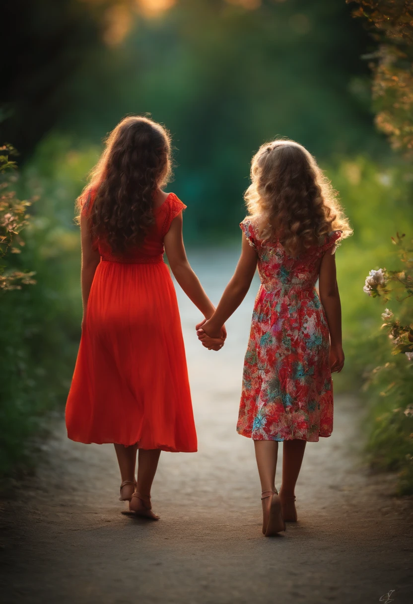 Uma menina com 12 anos, cabelos castanhos ondulado, olhos castanhos, bonita, Walking on the beach with her sister.