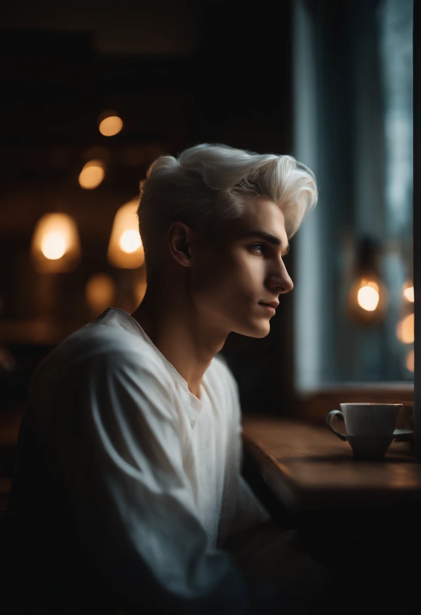 young man, 20 years old, white hair, portrait photo, white clothes, sitting looking out the window, sad, night light, tea shop background, reality photo, reality skin