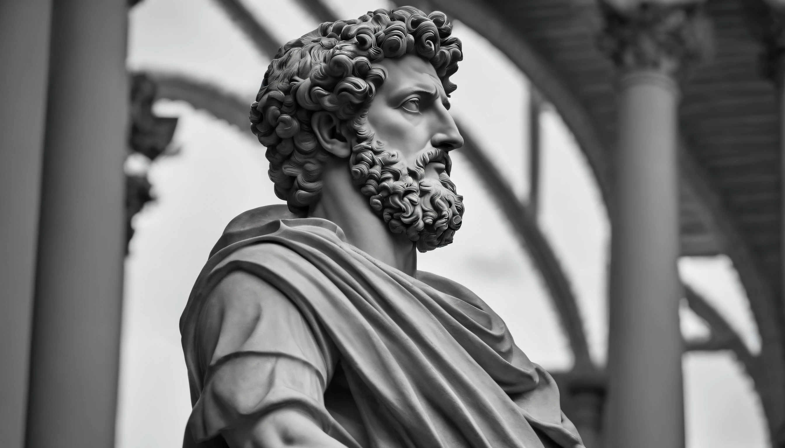 a statue of the stoic Marcus Aurelius in black and white 4K, papel de parede super realista, sem camisa, corpo forte,barriga forte, corpo todo,