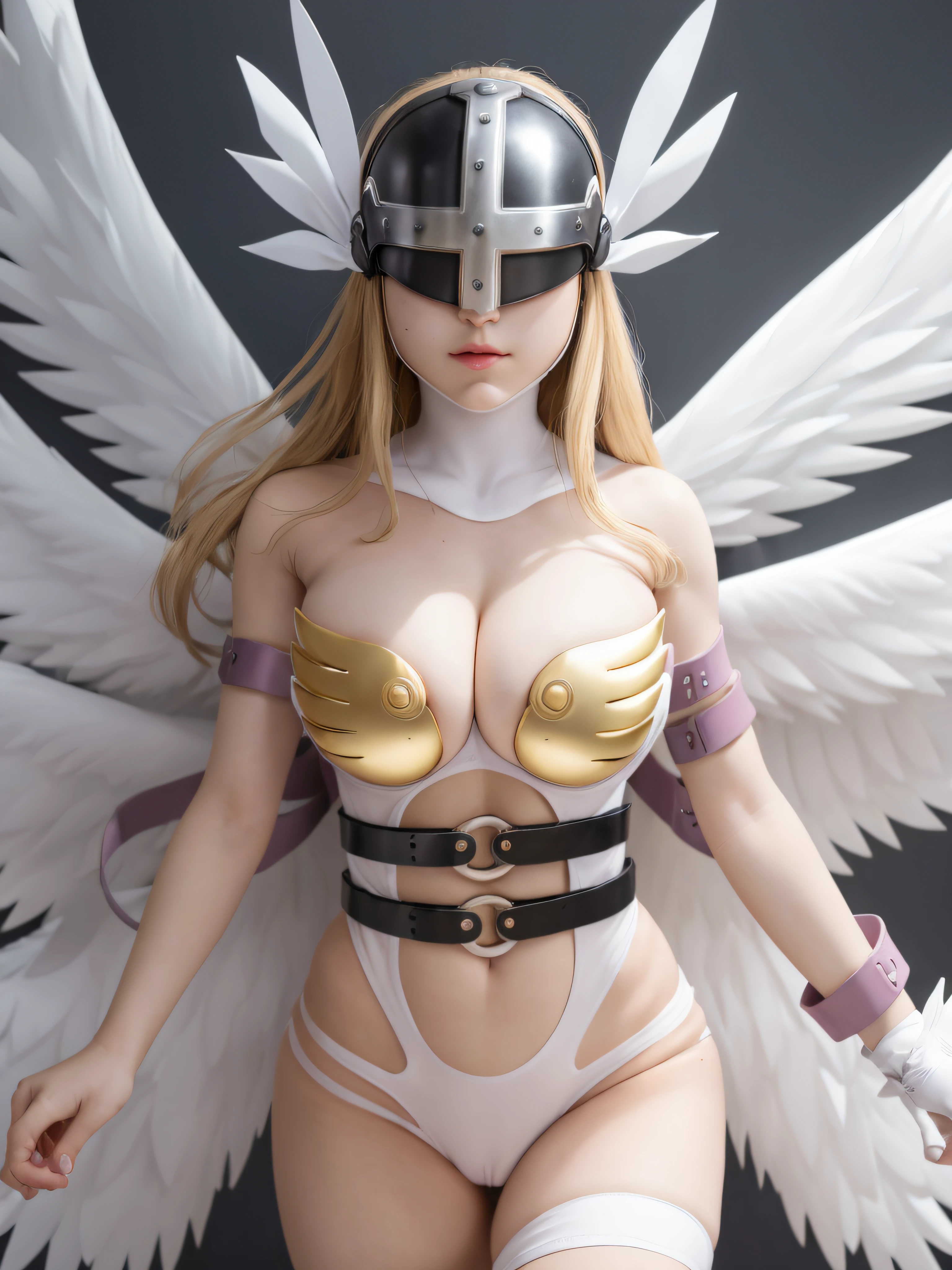 (masterpiece, best quality;1.3), ultra detailed, 
Angewomon, Digimon,winged helmet, helmet over eyes, helmet on, covered eyes,
white multiple wings, white wings, pink hagoromo, single glove, strapless,
white bodysuit, gold strapless bra, black belt, two belts, huge breast,