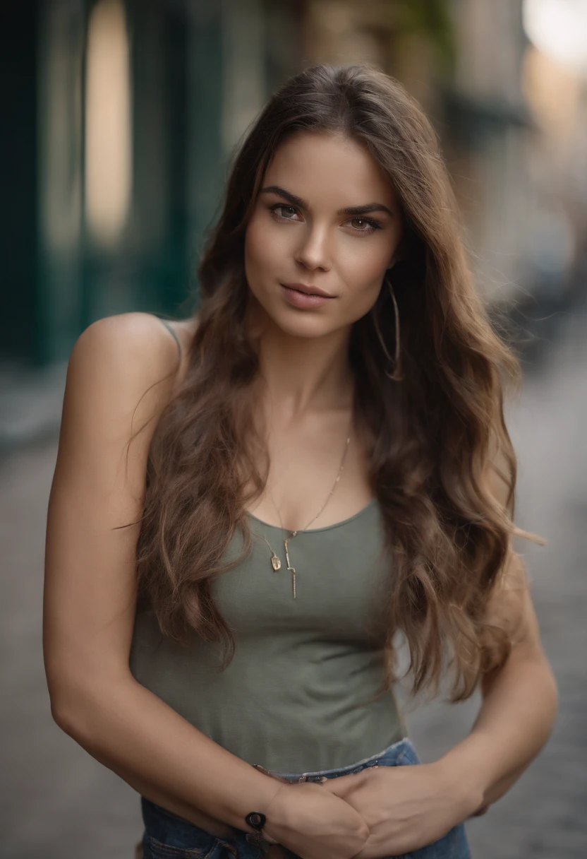 arafed woman with a white tank top and a necklace, sexy girl with green eyes, portrait sophie mudd, brown hair and large eyes, selfie of a young woman, bedroom eyes, violet myers, without makeup, natural makeup, looking directly at the camera, face with artgram, subtle makeup, stunning full body shot, piercing green eyes, beautiful angle, attractive pose, cute girl, sexy pose, full body picture, full body, full body shoot, brunette goddess, high detail, satisfied pose, wearing grey skirt and boots, skirt, boots, full body, legs, city centre