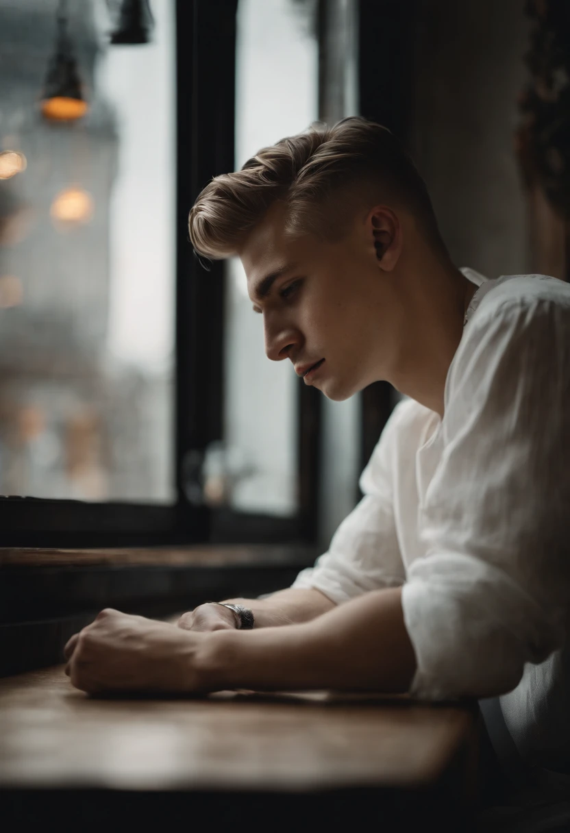 young man, 20 years old, white hair, portrait photo, white clothes, sitting looking out the window, sad, night light, tea shop background, reality photo, reality skin