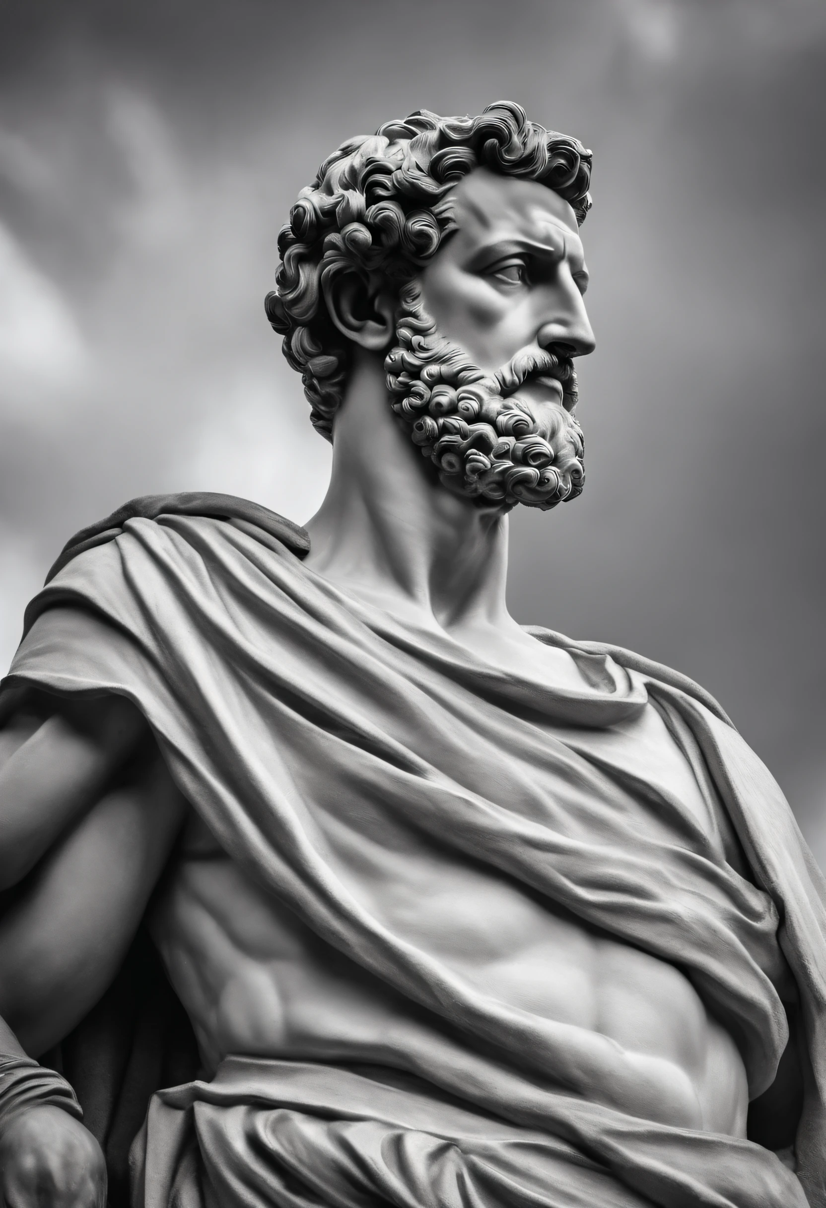 a portrait statue of the stoic Marcus Aurelius in black and white 4K, papel de parede super realista, corpo inteiro, corpo forte, musculoso, forte, sem camisa, tronco forte, forte, sem camisa, strong upper arms