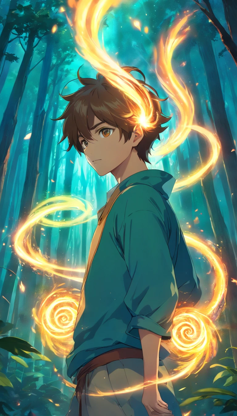 Amidst an ancient and overgrown forest, the essence of magic takes form through a young man, his hair as dark as the shadows and his eyes a radiant golden blaze. A mystical mark graces his neck, shimmering with latent power. Within a clearing, he stands engulfed in a cascading torrent of flames, the fire's heat tempered by an otherworldly energy. As the magical fire spirals and dances, it conjures a swirling dance of luminous particles, each a fragment of his ethereal aura. Arcane symbols materialize in midair, their glow casting an eerie light on his intense focus. The scene exudes a sense of ancient power and hidden knowledge, as if the woods themselves are alive with long-forgotten secrets. The mood is one of serene intensity, where the balance of nature and magic intertwine. The illustration style captures this mystical aura through detailed digital artistry, combining intricate linework with vibrant color palettes. --ar 16:9 --v 5