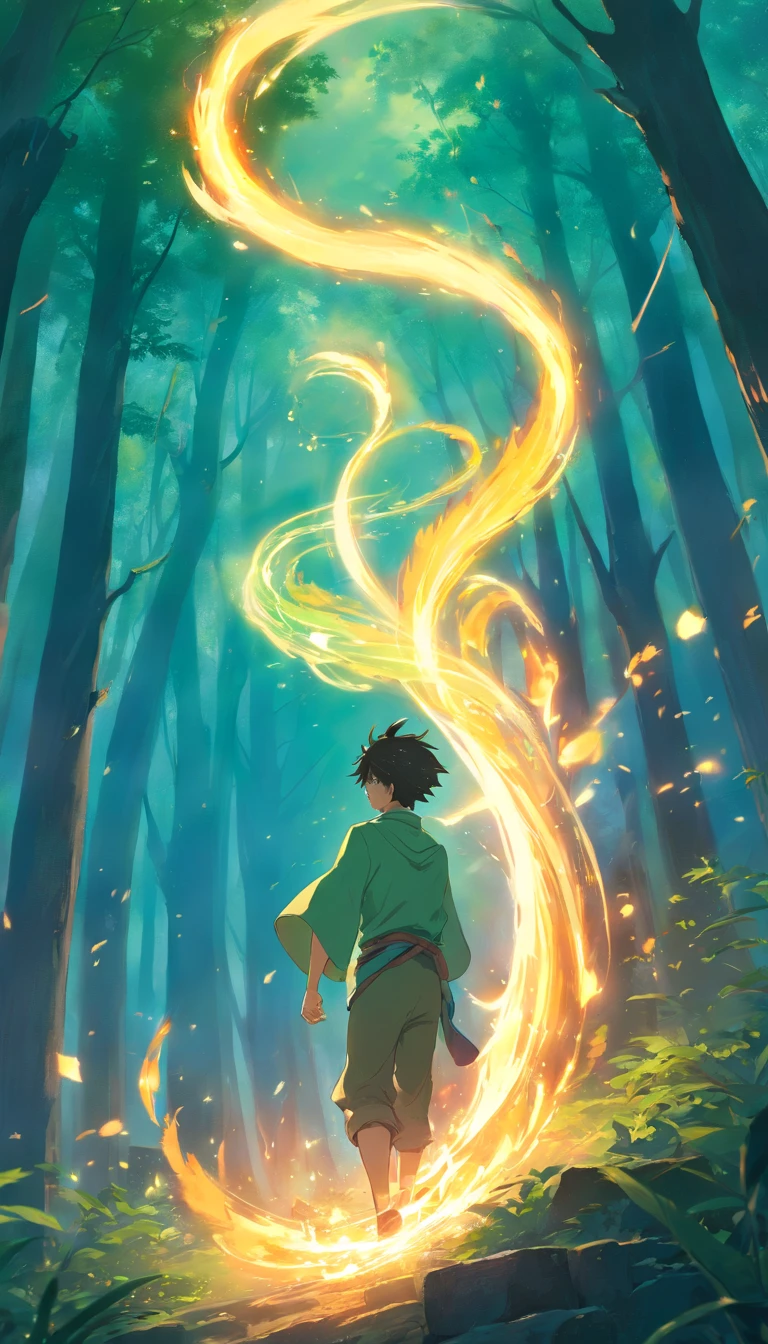 Amidst an ancient and overgrown forest, the essence of magic takes form through a young man, his hair as dark as the shadows and his eyes a radiant golden blaze. A mystical mark graces his neck, shimmering with latent power. Within a clearing, he stands engulfed in a cascading torrent of flames, the fire's heat tempered by an otherworldly energy. As the magical fire spirals and dances, it conjures a swirling dance of luminous particles, each a fragment of his ethereal aura. Arcane symbols materialize in midair, their glow casting an eerie light on his intense focus. The scene exudes a sense of ancient power and hidden knowledge, as if the woods themselves are alive with long-forgotten secrets. The mood is one of serene intensity, where the balance of nature and magic intertwine. The illustration style captures this mystical aura through detailed digital artistry, combining intricate linework with vibrant color palettes. --ar 16:9 --v 5