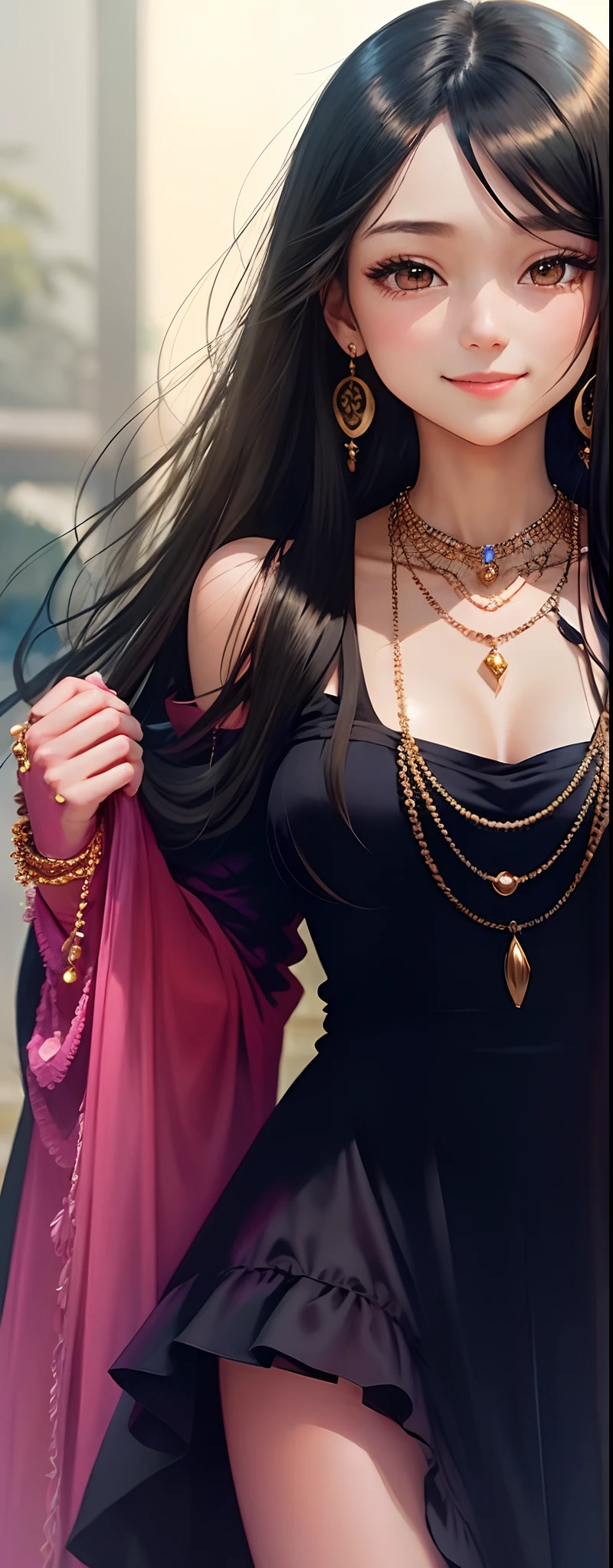 Necklaces and earrings、Smiling girl wearing bracelet and other accessories，She has long black hair and moist eyes.，She is wearing a dress that shines with accessories.，