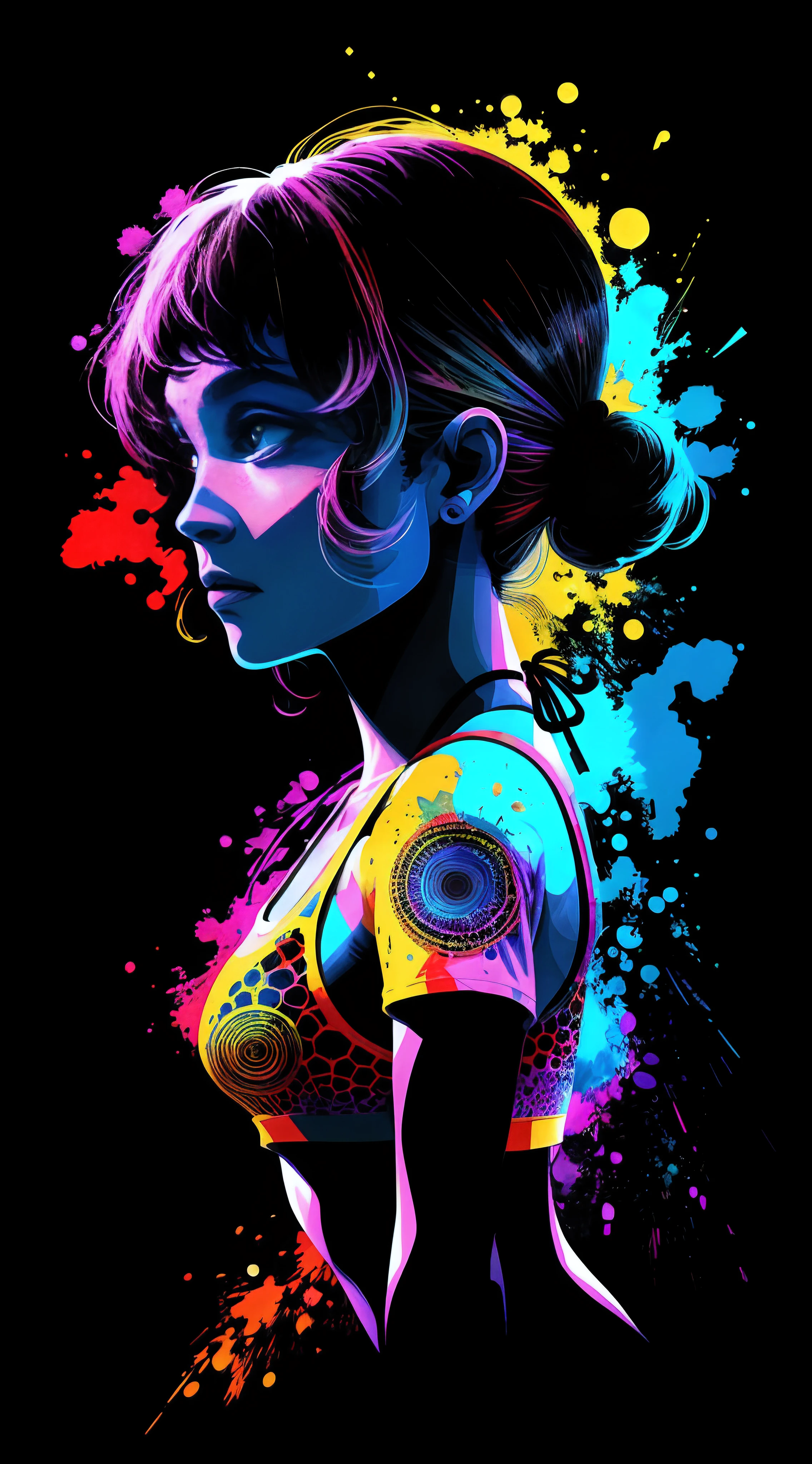 in the style of 0mib,T-shirt design,Side portrait of a bikini girl,Colorful,Prismatic fragments,Doodle lines,Reflect fractal circles,ink spatter,Melted brushstrokes,particles vortex,dramatic lighting,high high quality, Beautiful,tmasterpiece