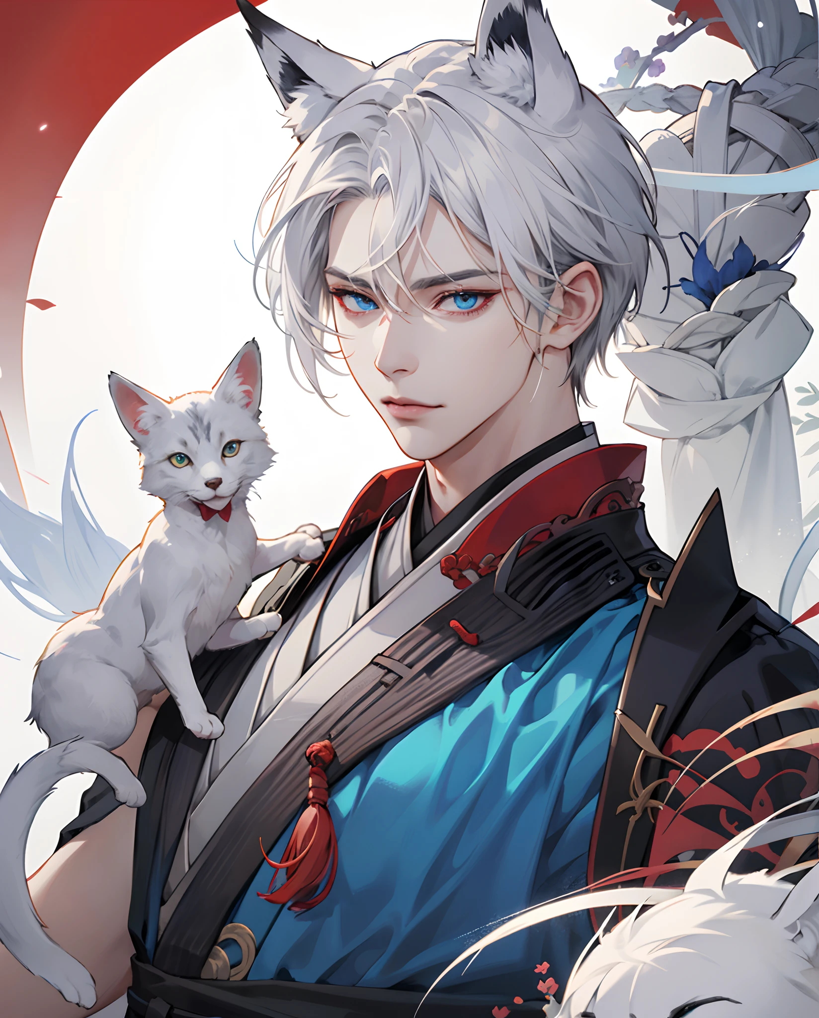 There is a man with white hair and cat ears, White-haired fox, inspired by Bian Shoumin, Onmyoji, portrait onmyoji, handsome japanese demon boy, fox nobushi, heise jinyao, White fox ears, Cai Xukun's, sakimichan, onmyoji detailed art, Inspired by Hong Ren，Beautiful blue eyes