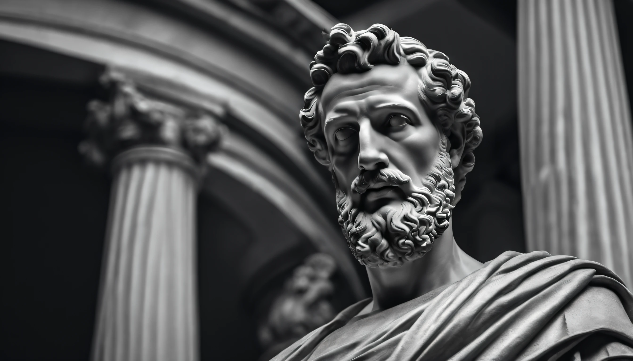 a statue of the stoic Marcus Aurelius in black and white 4K,Face de lado, papel de parede super realista, corpo forte, sem camisa, tronco forte