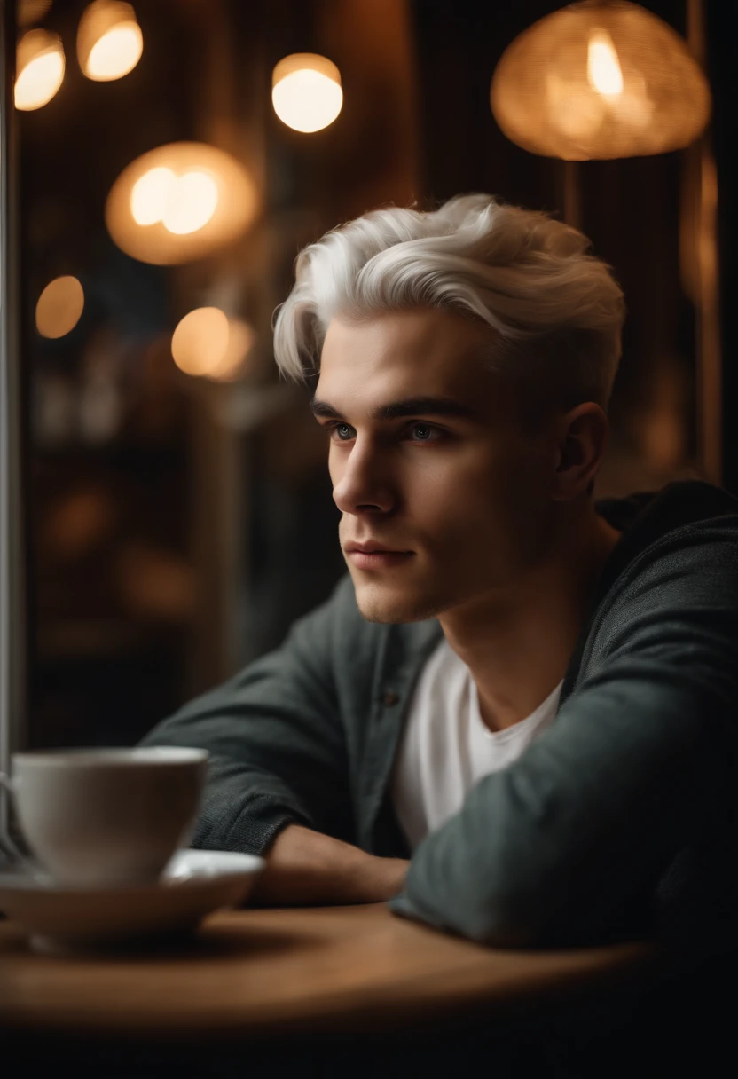 young man, 20 years old, white hair, portrait photo, sitting looking out the window, sad, night light, tea shop background, reality photo, reality skin
