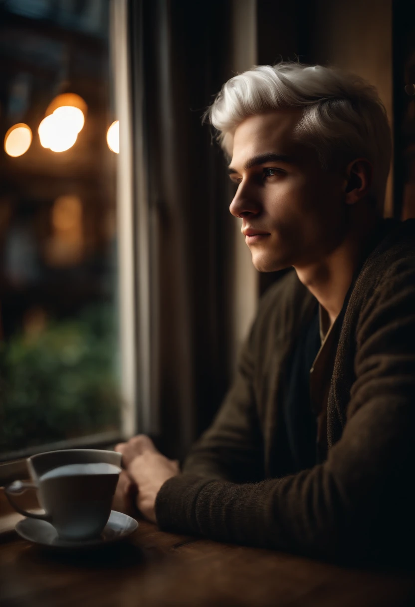young man, 20 years old, white hair, portrait photo, sitting looking out the window, sad, night light, tea shop background, reality photo, reality skin